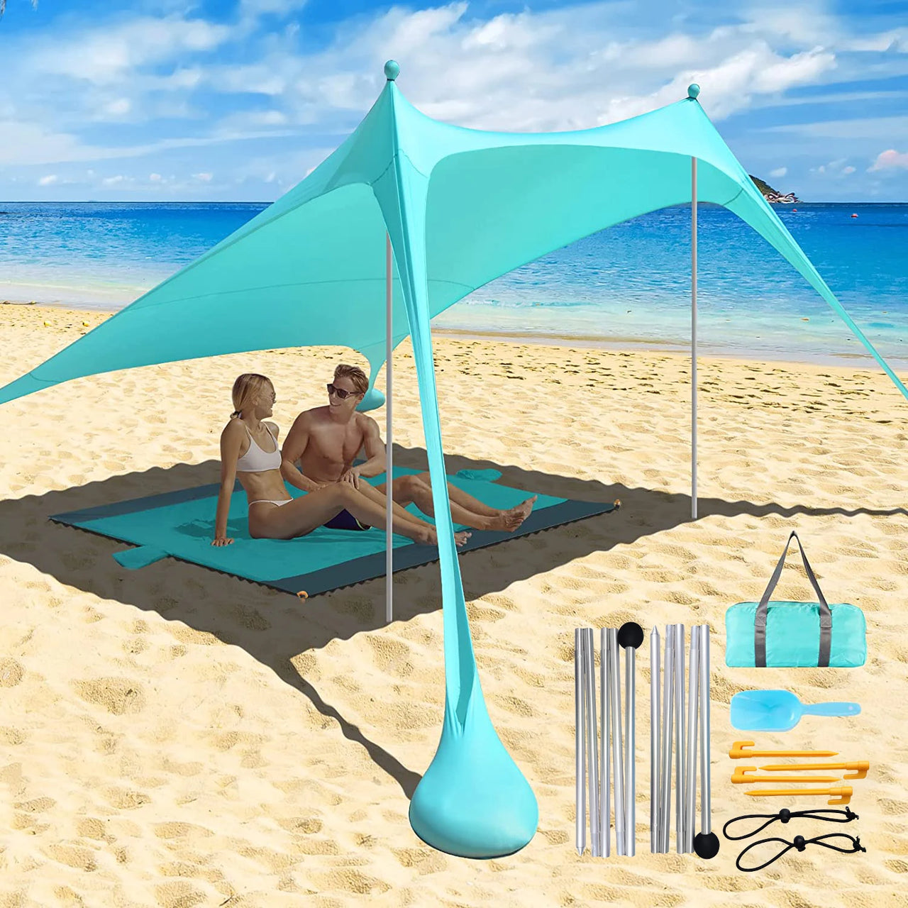 Family Beach Awning 7x5 Feet Ultralight Sun Shade Tent With Sandbag