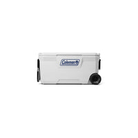 Thumbnail for Coleman Classic Series 100-Quart Marine Wheeled Cooler | Fully Insulated | Have-A-Seat Lid supports up to 250 lb. | White | Cup Holder