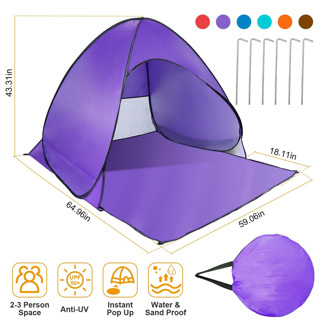 Pop Up Beach Tent Sun Shade Shelter Anti-UV Automatic Waterproof  w/ Net Window Storage Bag