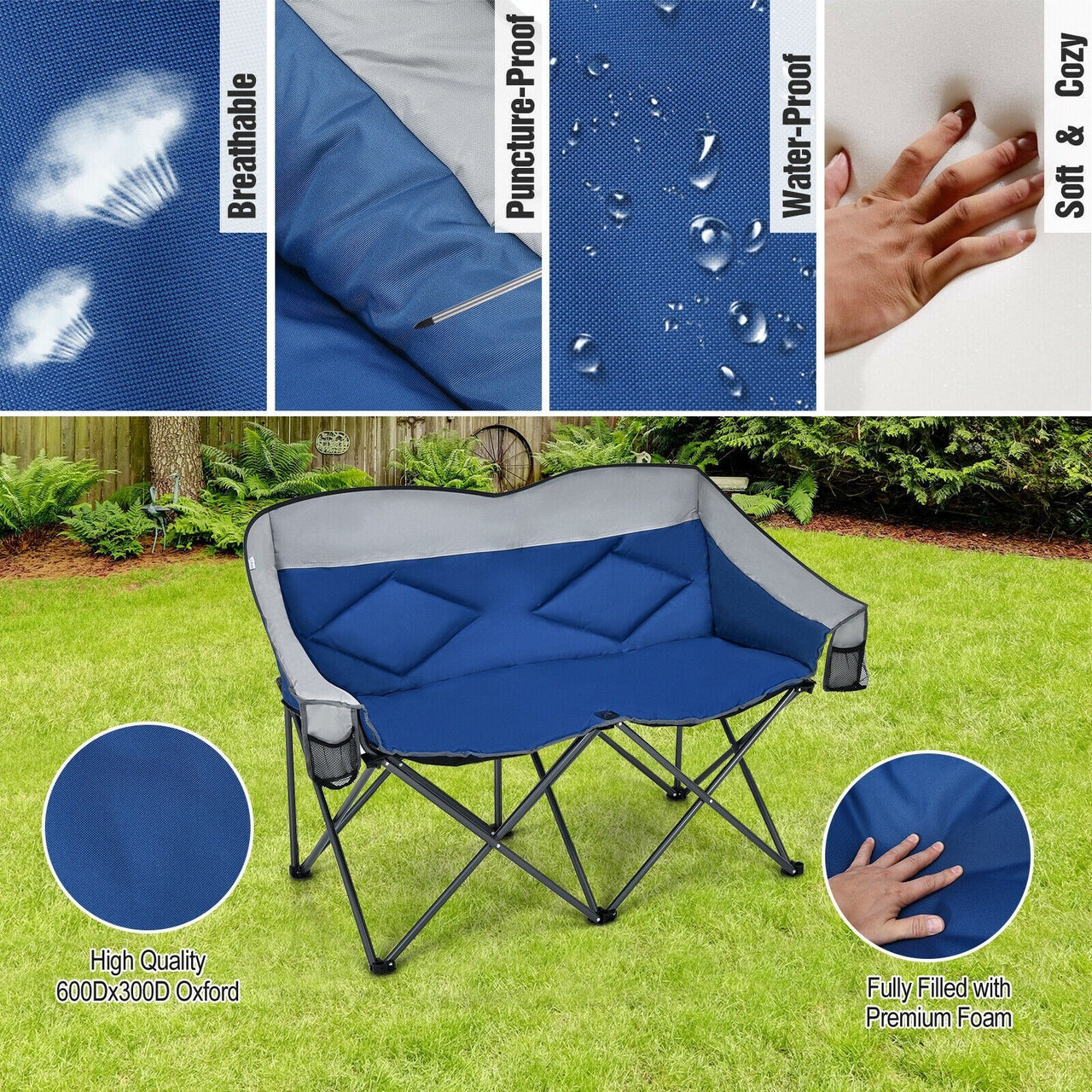 Folding Loveseat Camping Chair with Bags and Padded Backrest