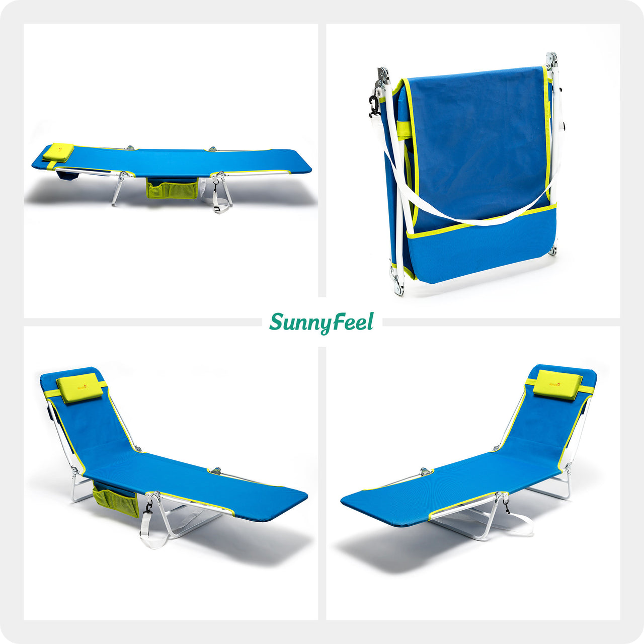 Beach Lounge Chair, 180-degree & Lay Flat, Portable With Padded Comfy Pillow