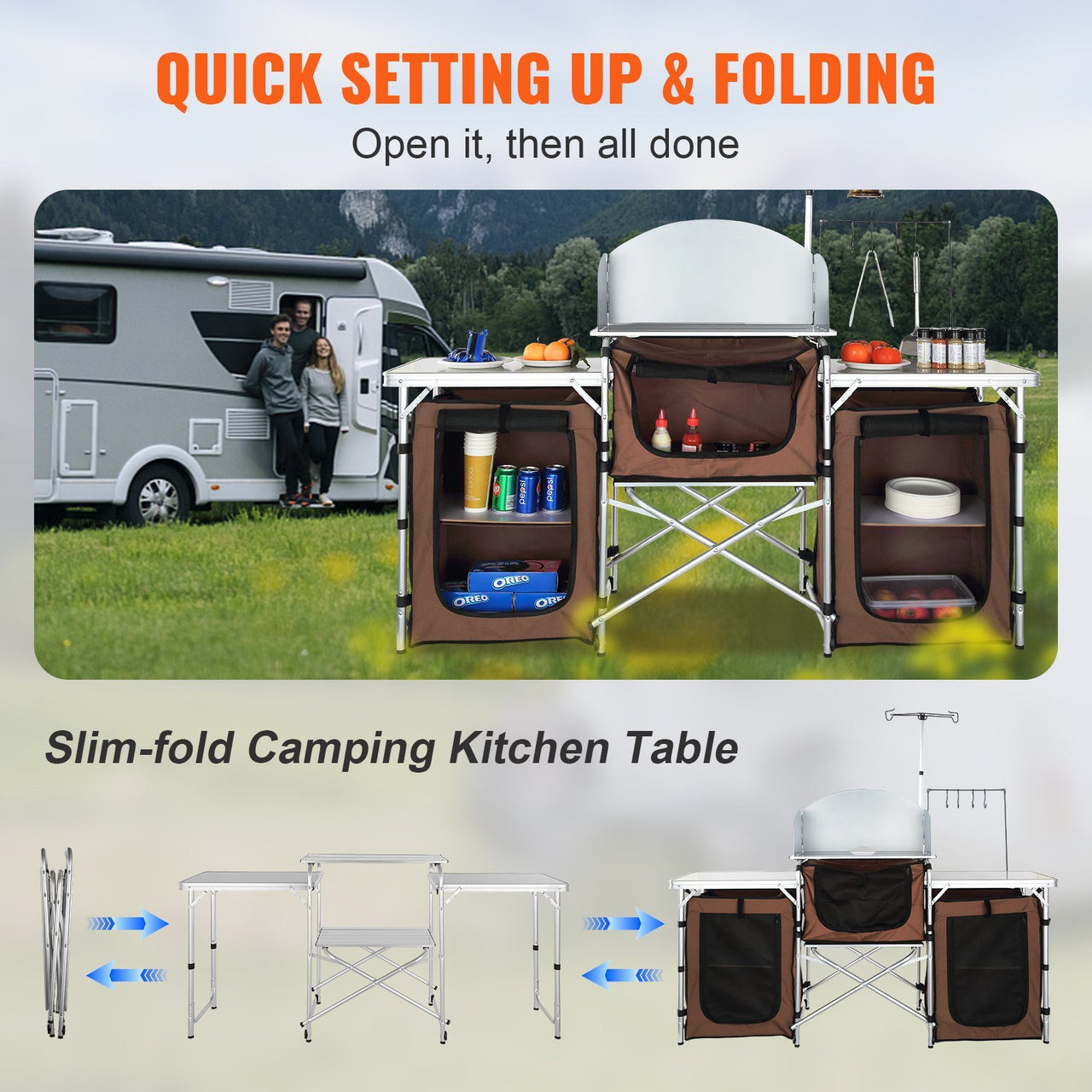 VEVOR Camping Kitchen Table with Storage Carrying Bag-Aluminum Cook Station-3 Cupboard, Detachable Windscreen-Brown