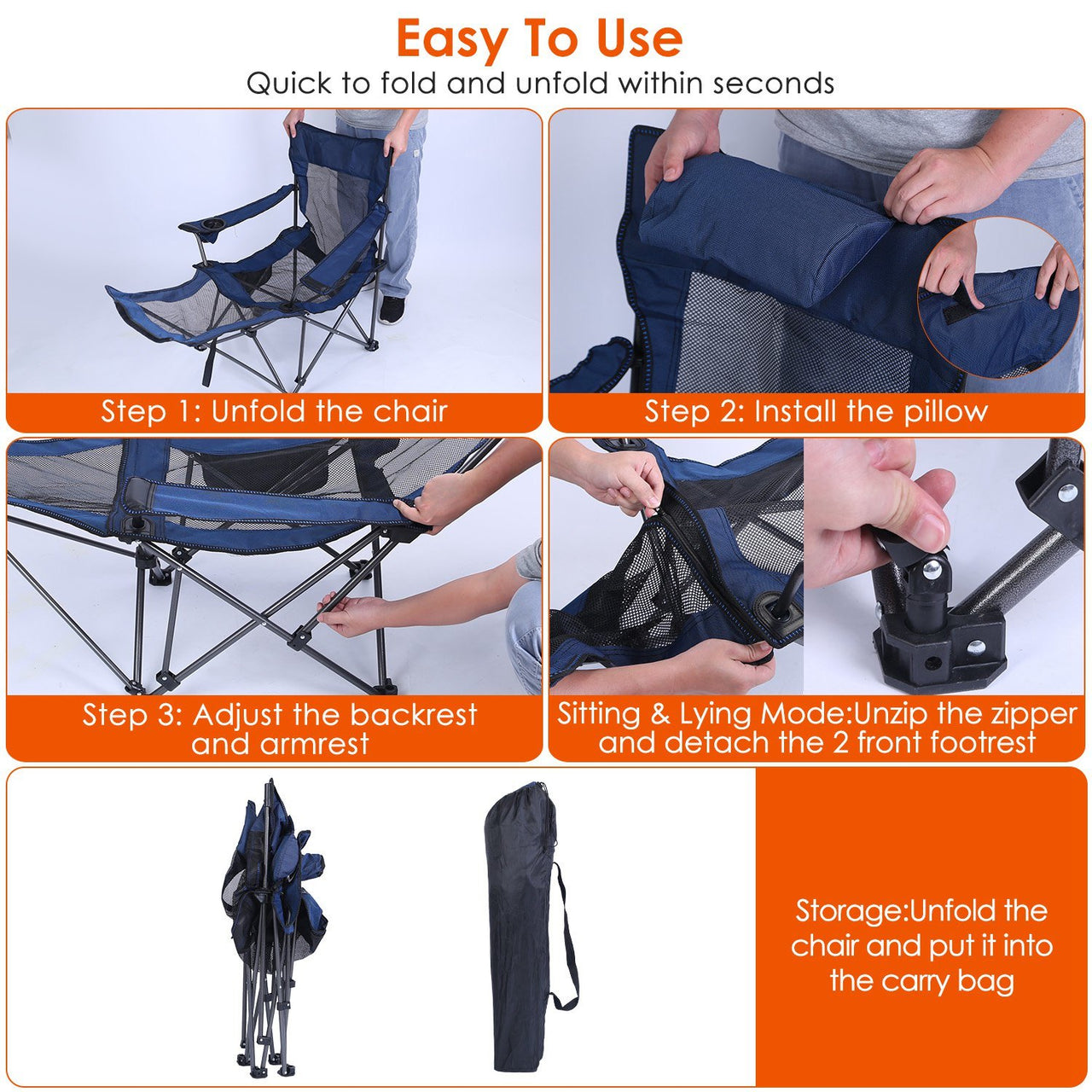 Foldable Camping Chair 330LBS Load Heavy Duty Steel