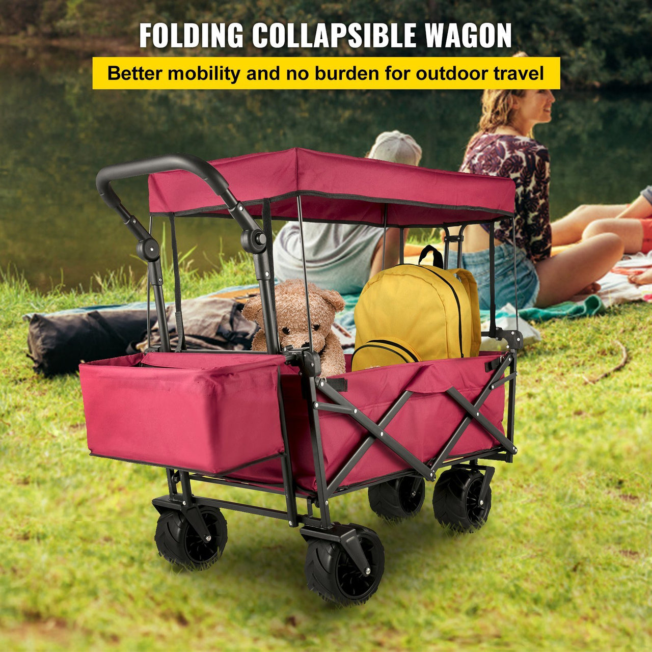 VEVOR Extra Large Collapsible Beach Cart with Removable Canopy-  Red