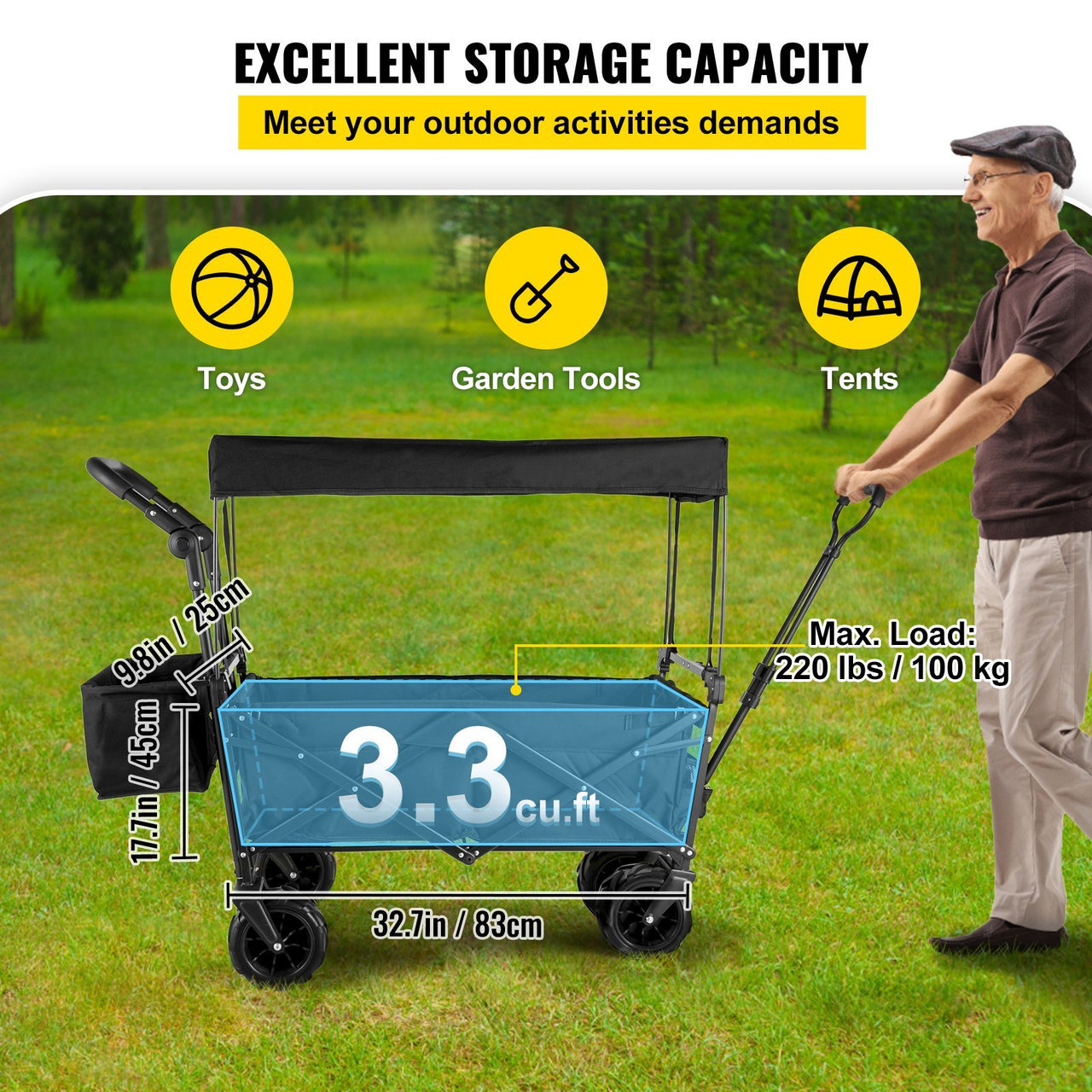 VEVOR Extra Large Collapsible Utility Cart with Removable Canopy-Black