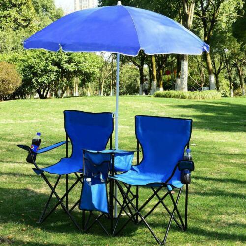 Double Folding Picnic Chairs w/Umbrella, Mini Table Beverage Holder, Carrying Bag