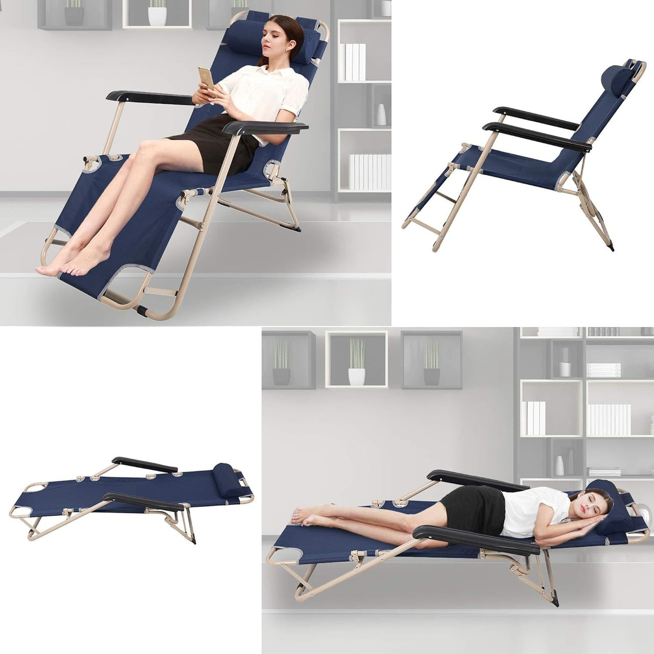 Set of 2 Portable Chaise Lounge Chair 60" Dark Blue/Blue