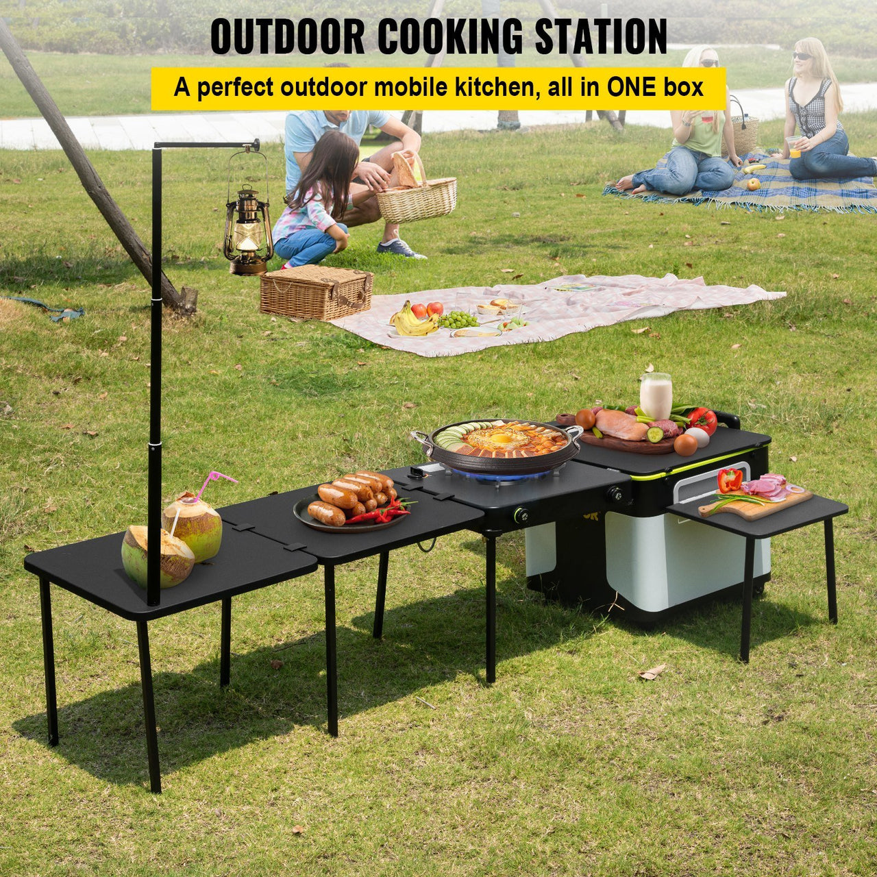 VEVOR Outdoor Mobile Kitchen, Camp Box with Wheels- All in One Integrated Cooking Station with Windproof Stove