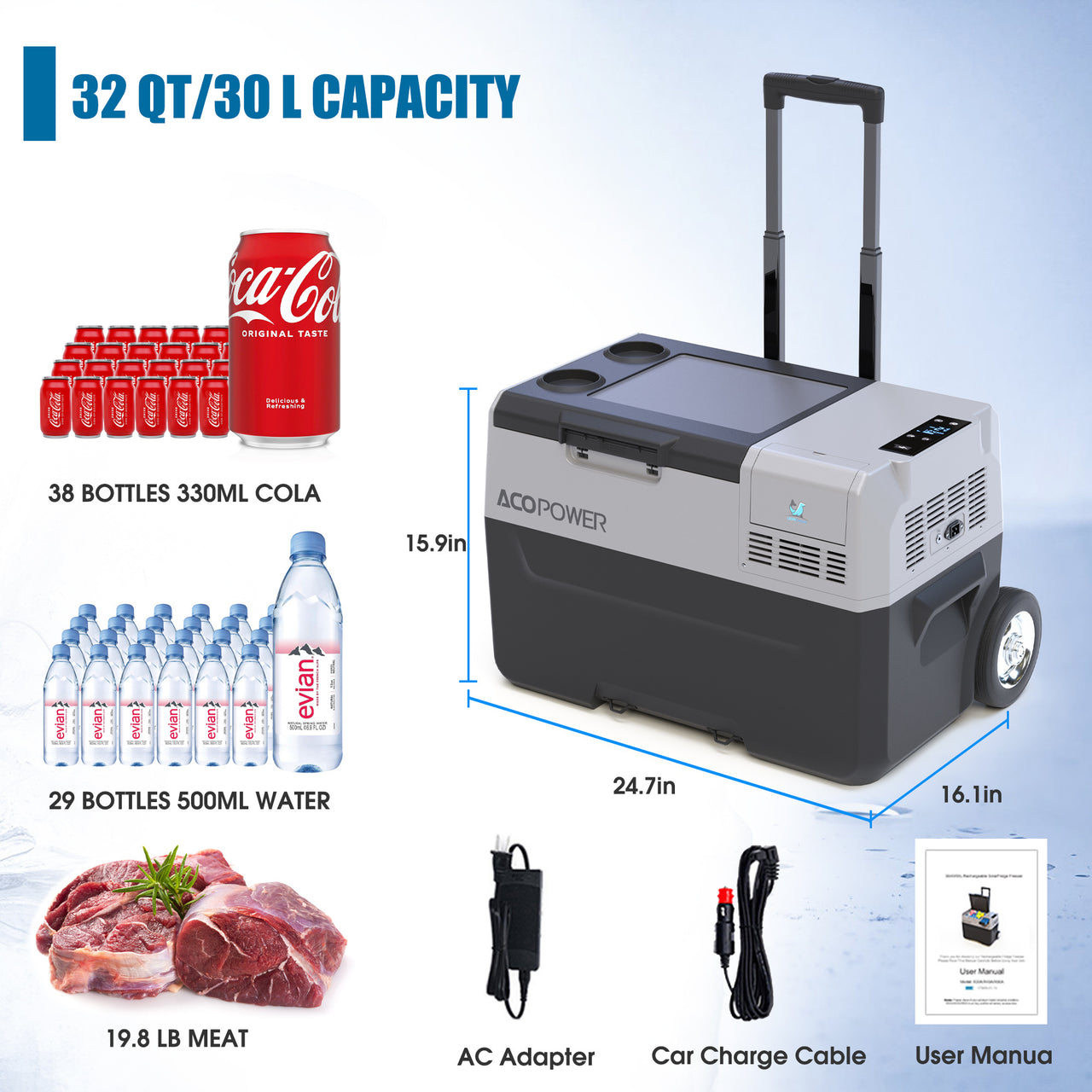 32Qt Car Freezer Portable Refrigerator Freezer with APP Control and 6'' off-road wheels, 12V,45W Cooler Freezer, Low Noise