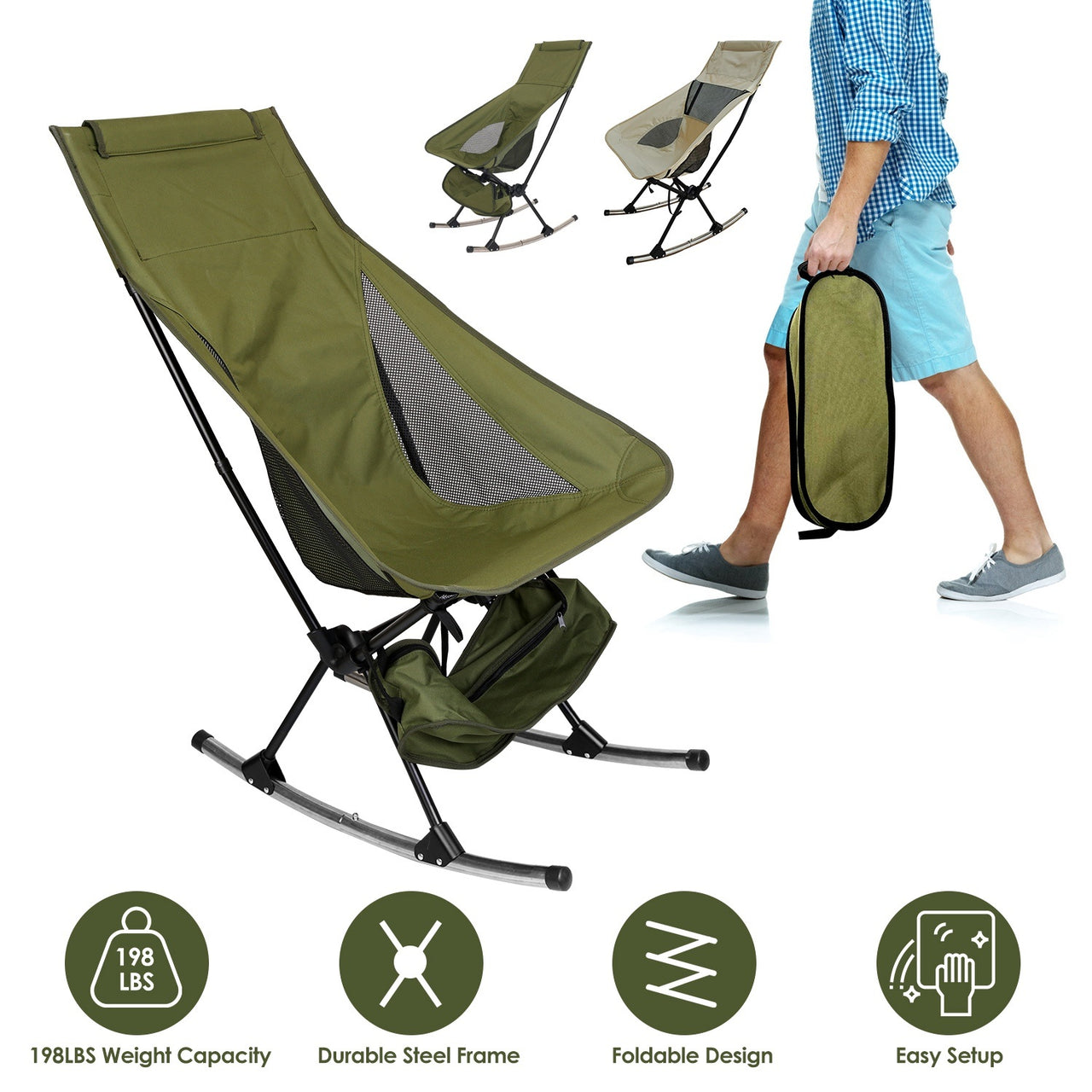 Portable Camping Rocking Chair with Carry Bag, High Back