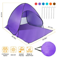 Thumbnail for Pop Up Beach Tent Sun Shade Shelter Anti-UV Automatic Waterproof Tent Canopy for 2/3 Man w/ Net Window Storage Bag