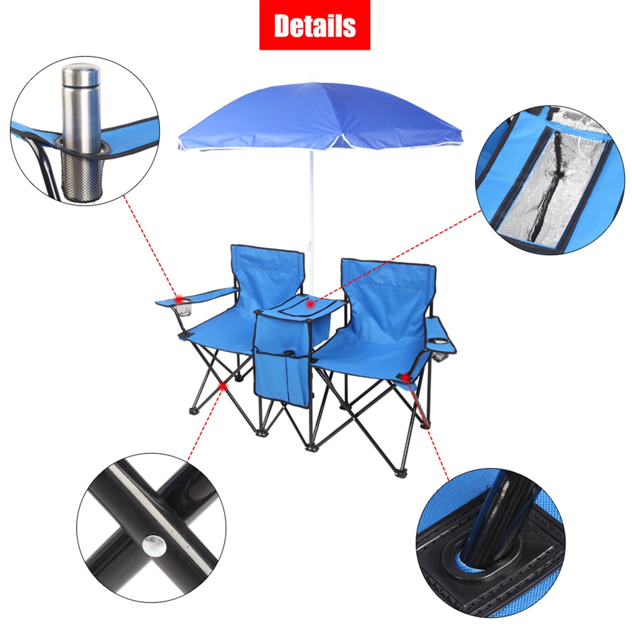 Double Folding Picnic Chairs w/Umbrella, Mini Table Beverage Holder, Carrying Bag