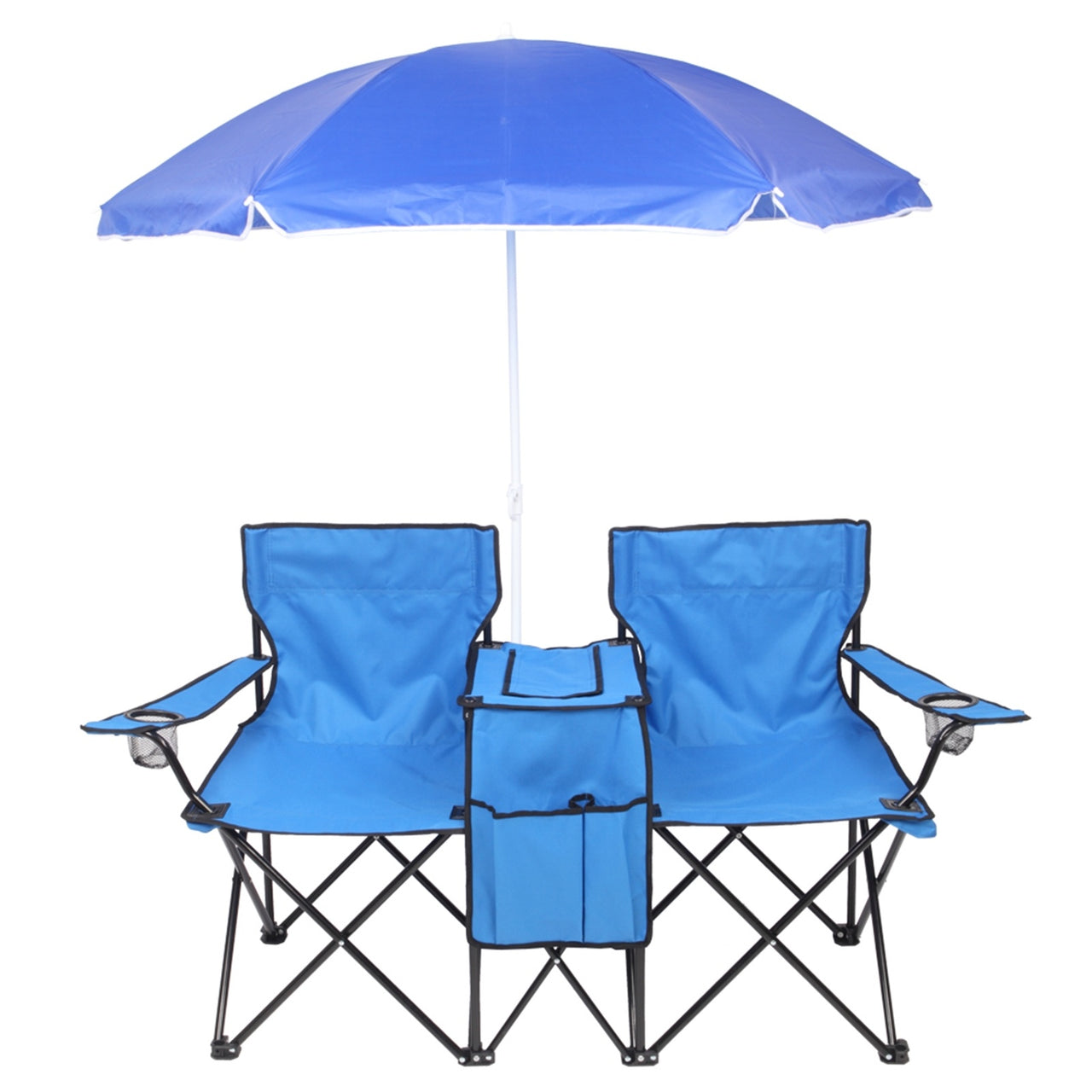 Double Folding Picnic Chairs w/Umbrella, Mini Table Beverage Holder, Carrying Bag