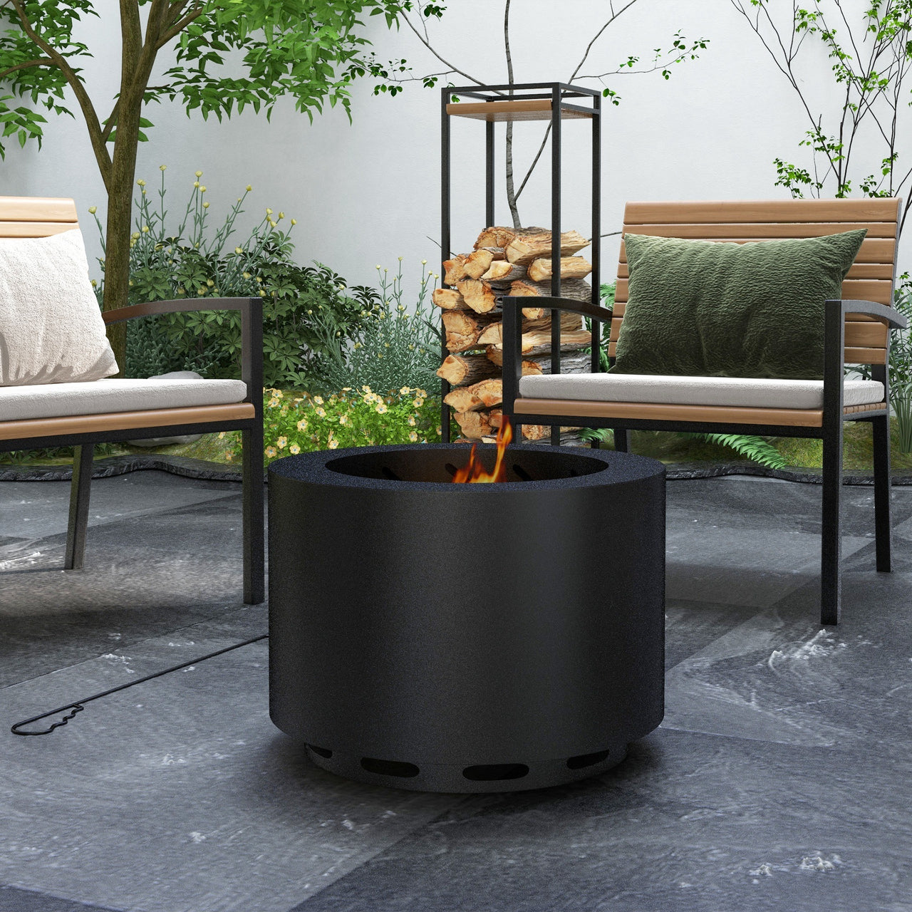 Outsunny Smokeless Fire Pit, 19" Portable Wood Burning Firepit with Poker