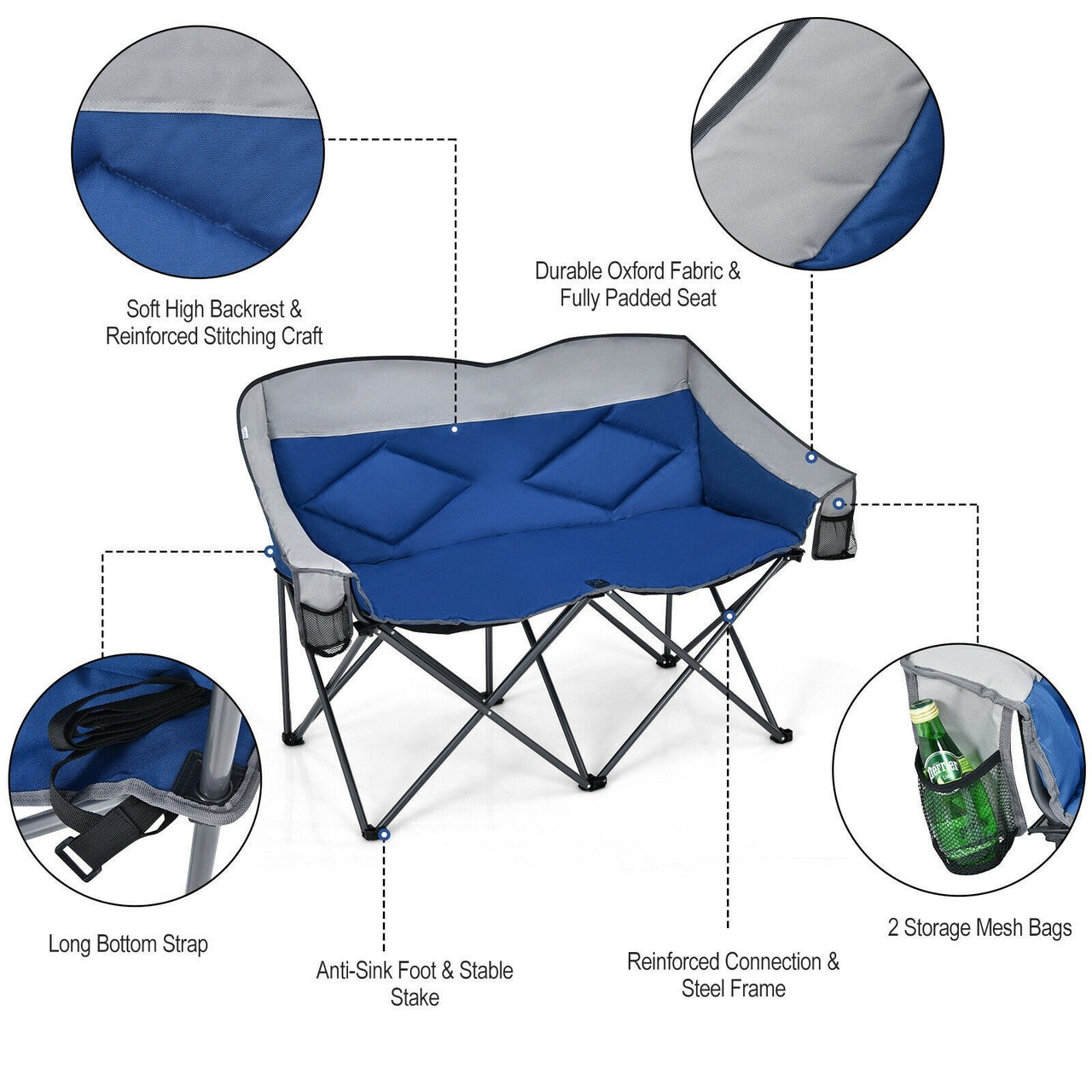 Folding Loveseat Camping Chair with Bags and Padded Backrest