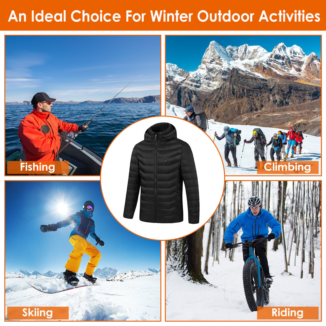 Heated Jacket -Lightweight Winter Hooded Jacket with 3-Level Heating Modes 8 Heating Zones Detachable Zipper Hood