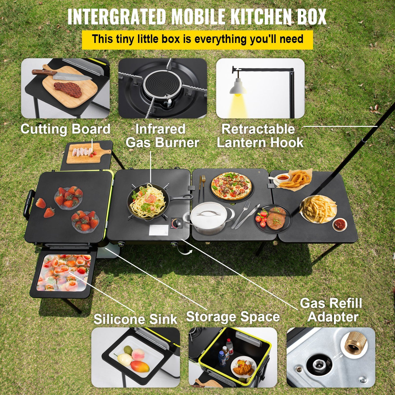 VEVOR Outdoor Mobile Kitchen, Camp Box with Wheels- All in One Integrated Cooking Station with Windproof Stove