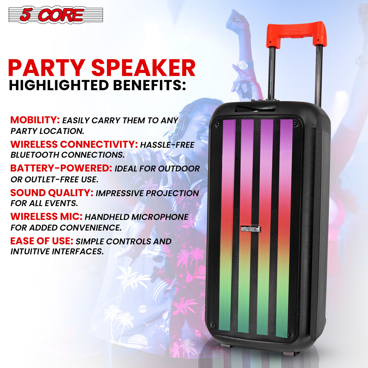 5 Core Bluetooth Speaker Karaoke Machine • 8" 3 Way Speaker • Portable Singing PA System • w DJ Light