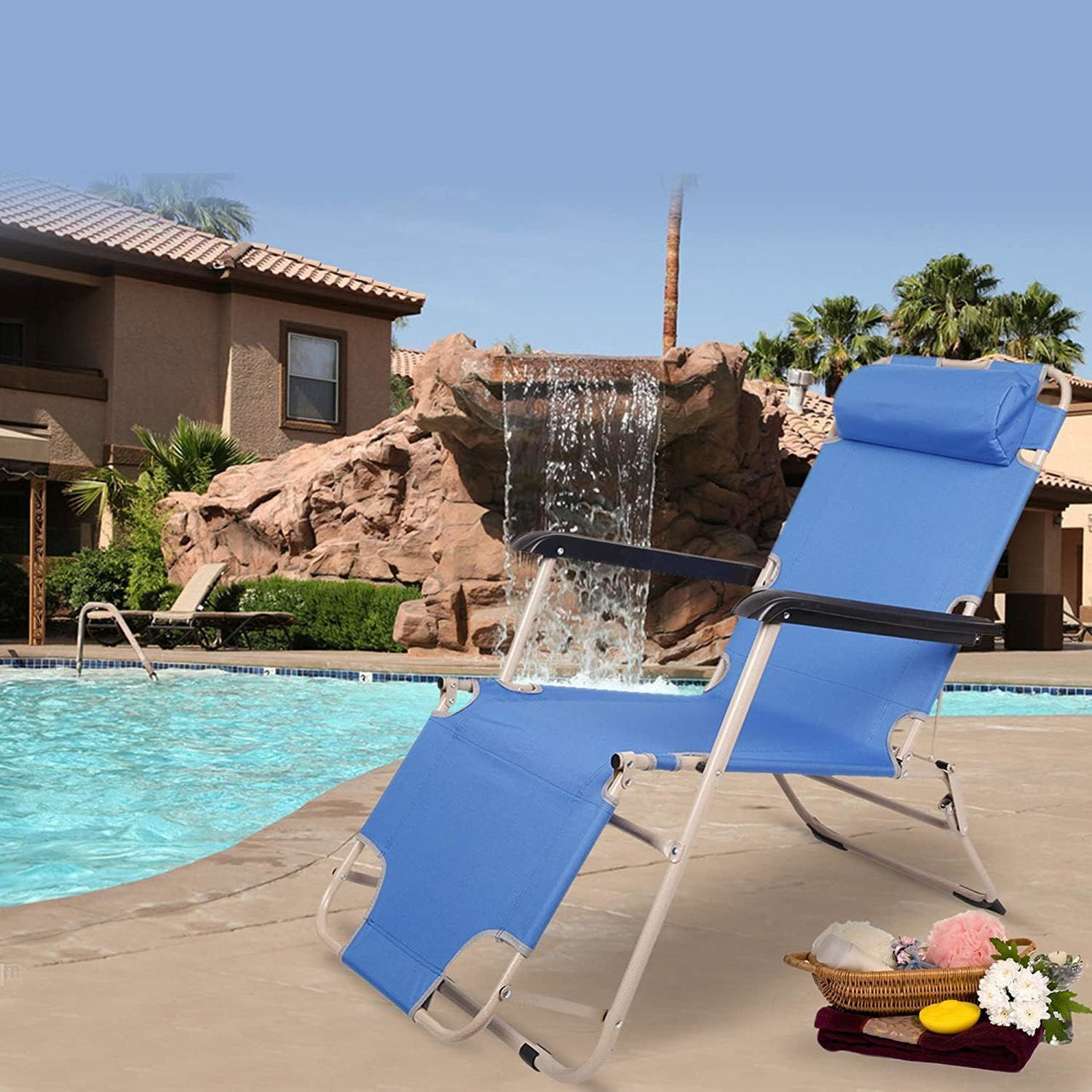 Set of 2 Portable Chaise Lounge Chair 60" Dark Blue/Blue