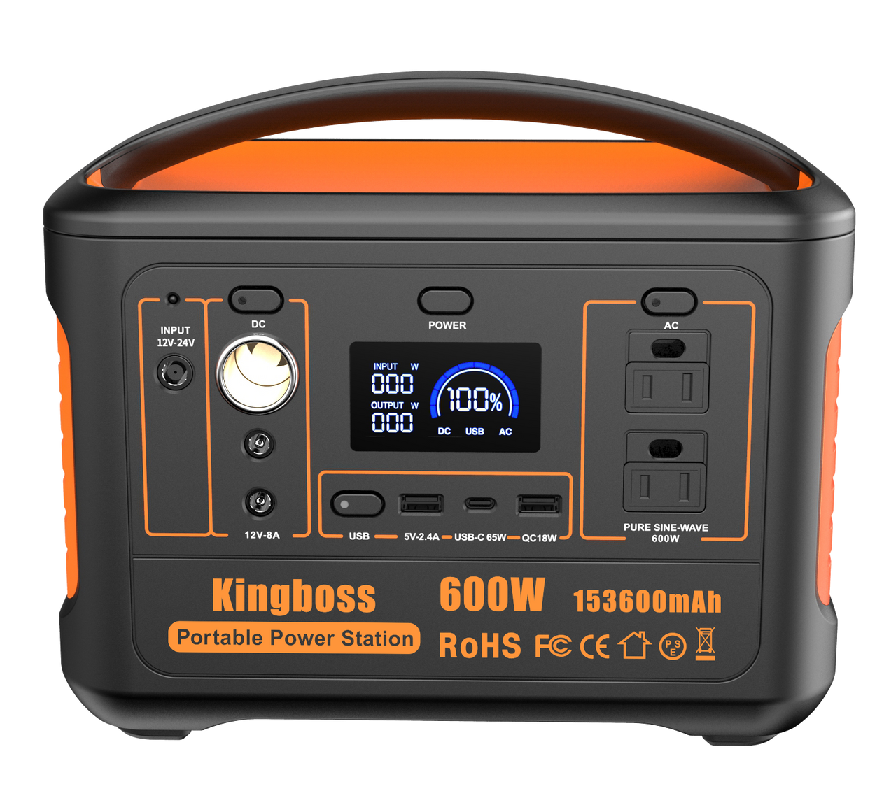 600W Portable Power Station (Peak 1200W) Kingboss;  153600mAh 568WH;  Lithium Battery 110V/600W;  AC Outlet;  2*DC Carport;  2*USB-C;  QC USB 3.0