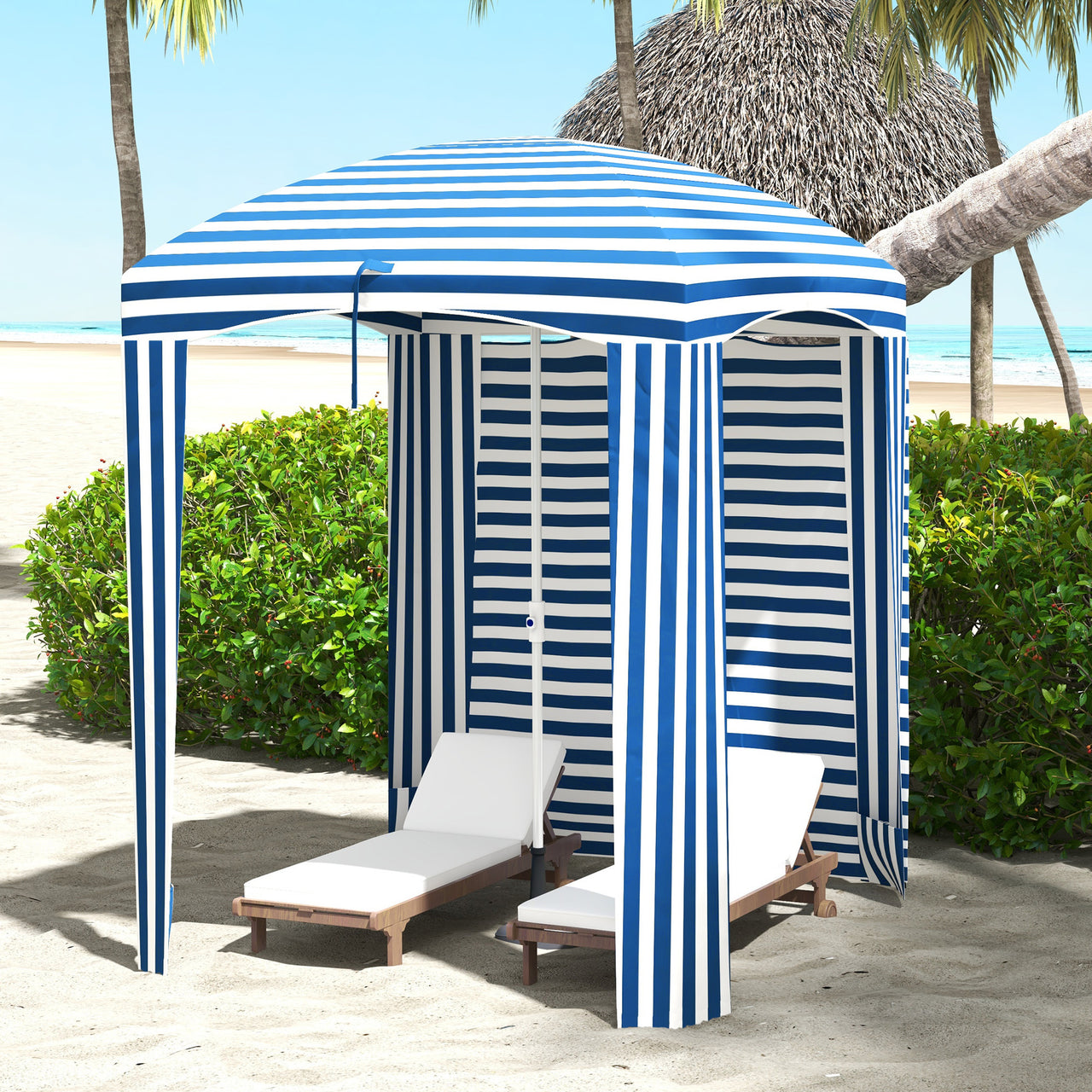 Outsunny 5.9' x 5.9' Ruffled Portable Beach Cabana with Walls, Vents, Sandbags, Carry Bag, Blue & White Stripe