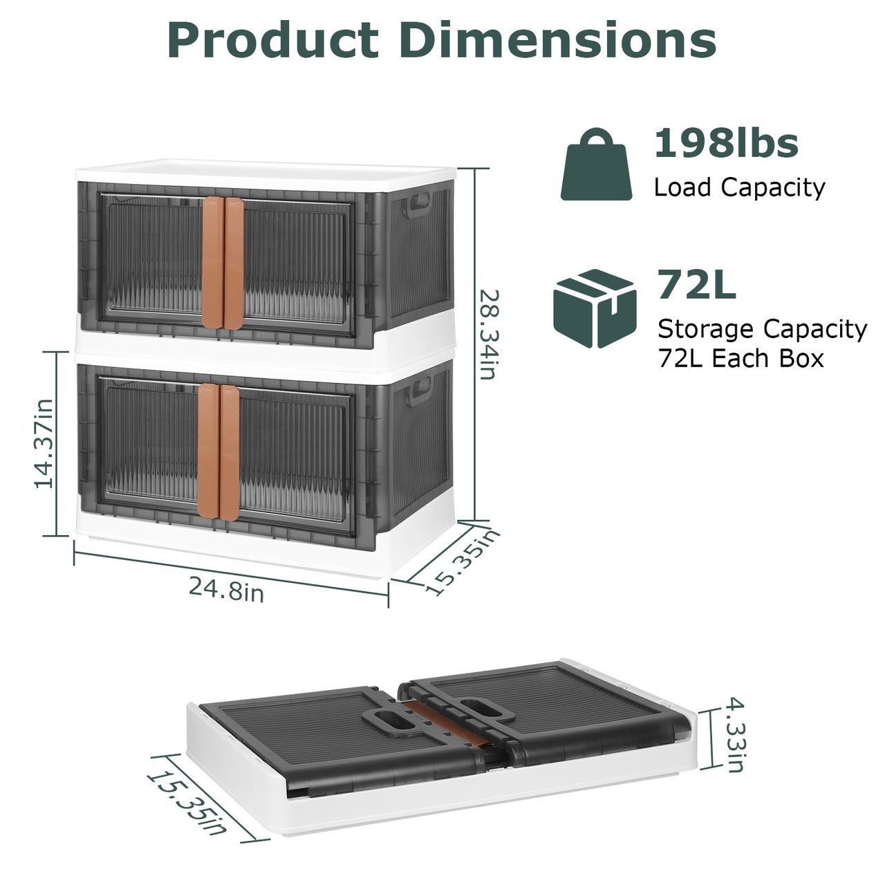 2Pcs 72L Foldable Storage Bins with Lid Collapsible Stackable Organizer Containers with Front Door Lock 4Pcs Wheels