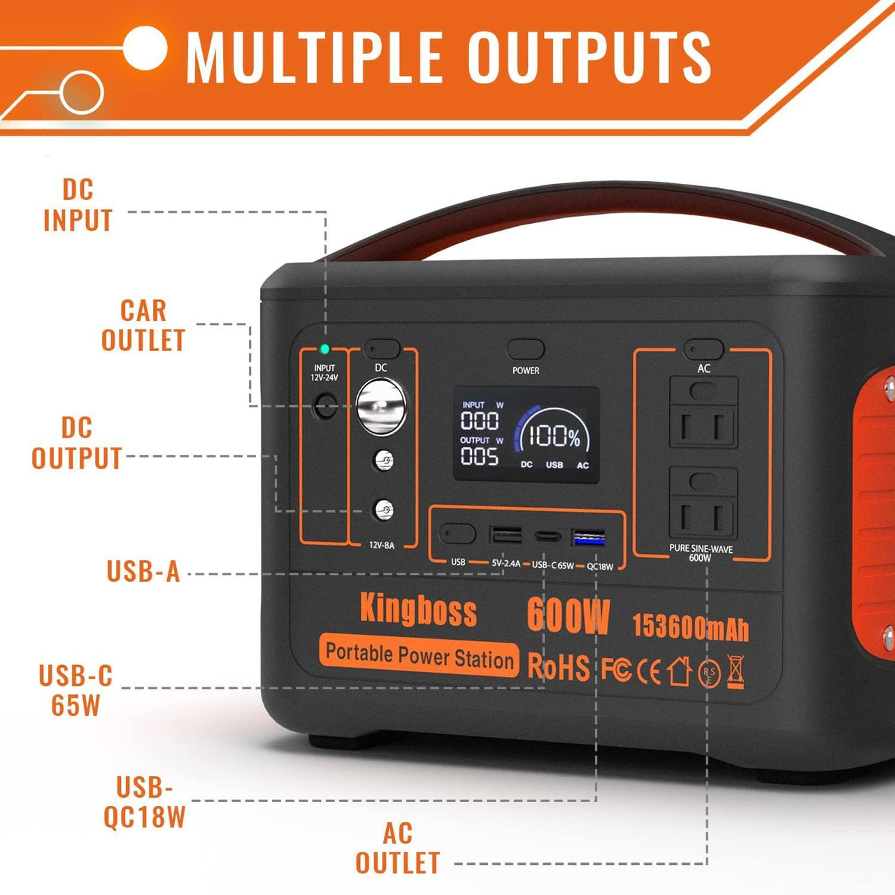 600W Portable Power Station (Peak 1200W) Kingboss;  153600mAh 568WH;  Lithium Battery 110V/600W;  AC Outlet;  2*DC Carport;  2*USB-C;  QC USB 3.0