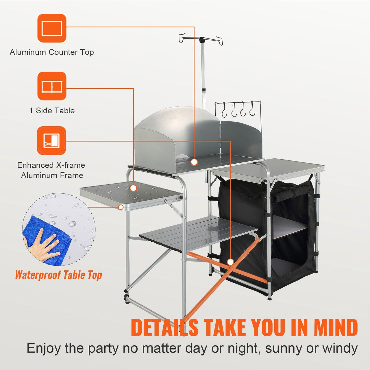 VEVOR Camping Kitchen Table with Storage Carrying Bag-Aluminum Cook Station-1 Cupboard, Detachable Windscreen