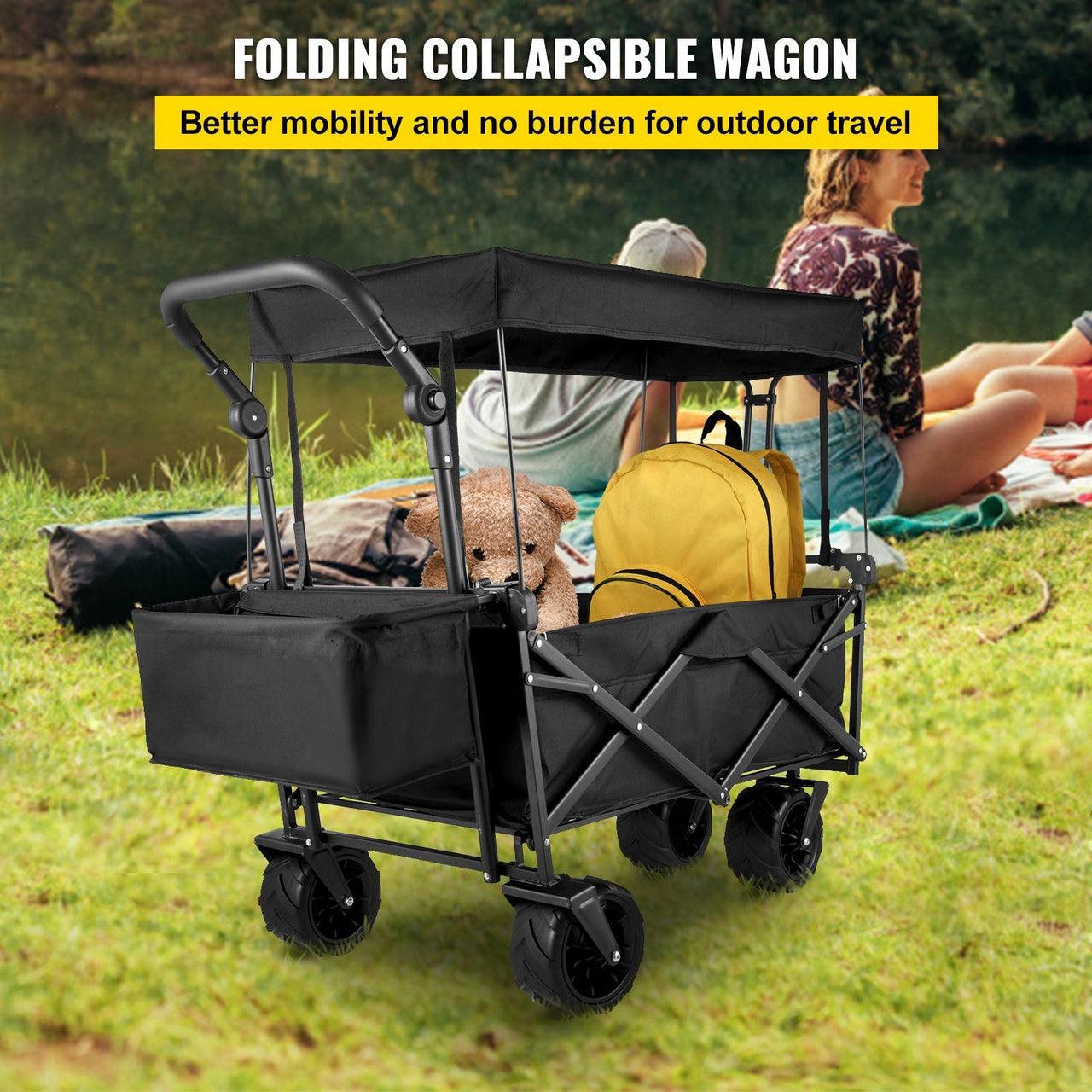 VEVOR Extra Large Collapsible Utility Cart with Removable Canopy-Black