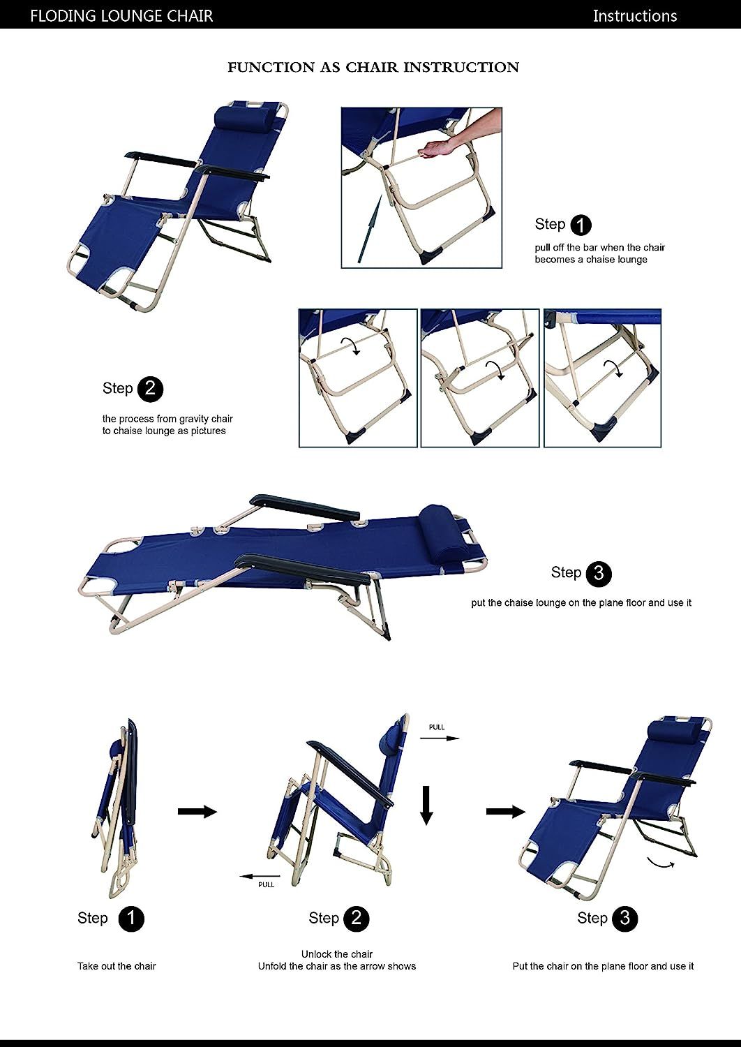 Set of 2 Portable Chaise Lounge Chair 60" Dark Blue/Blue