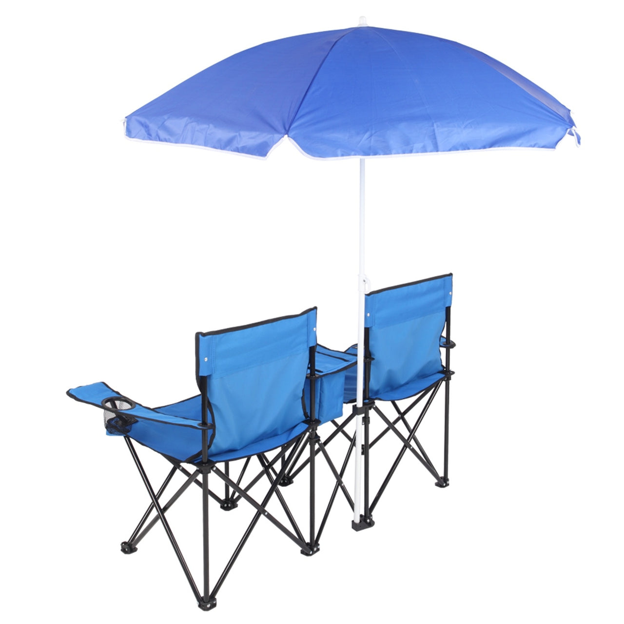 Double Folding Picnic Chairs w/Umbrella, Mini Table Beverage Holder, Carrying Bag