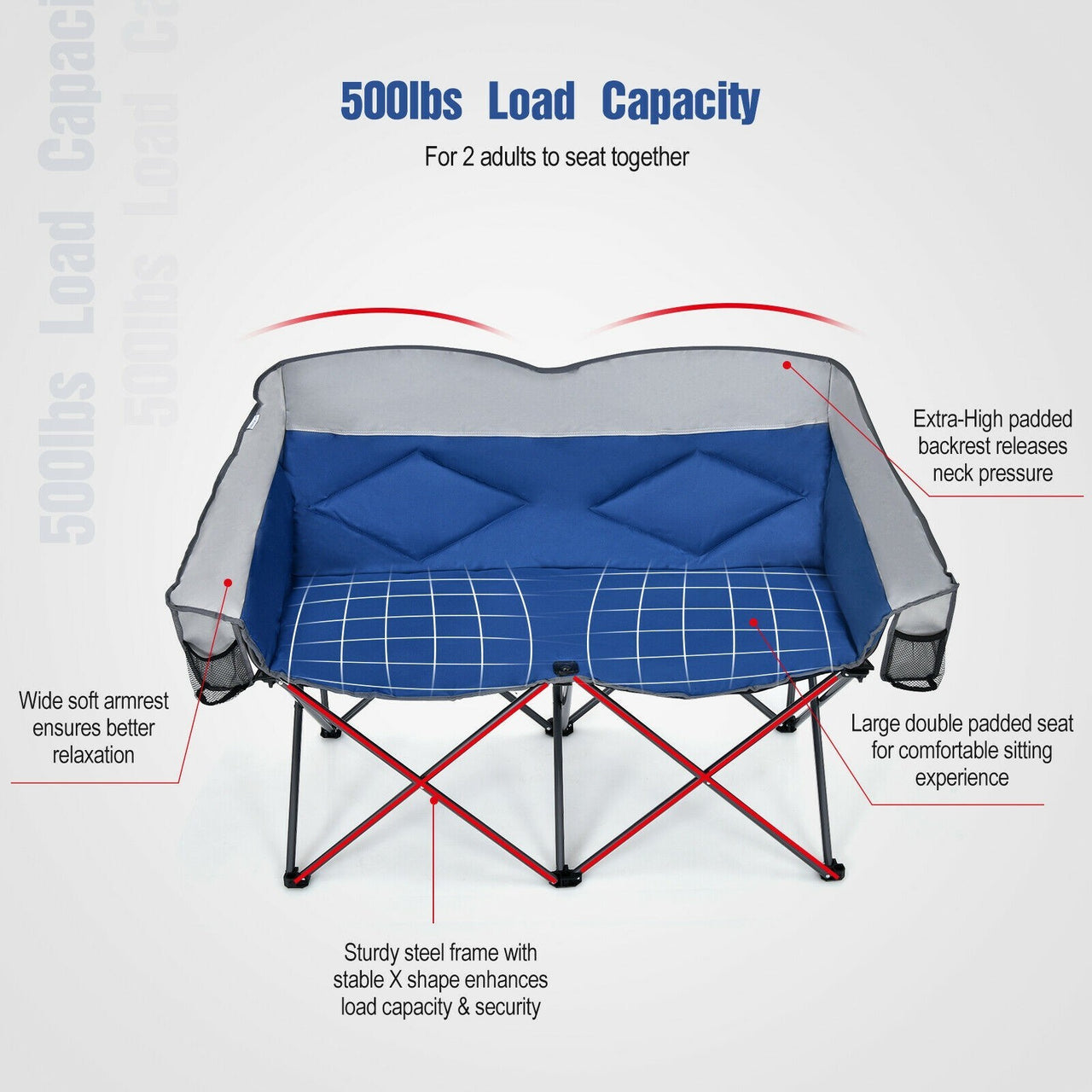 Folding Loveseat Camping Chair with Bags and Padded Backrest