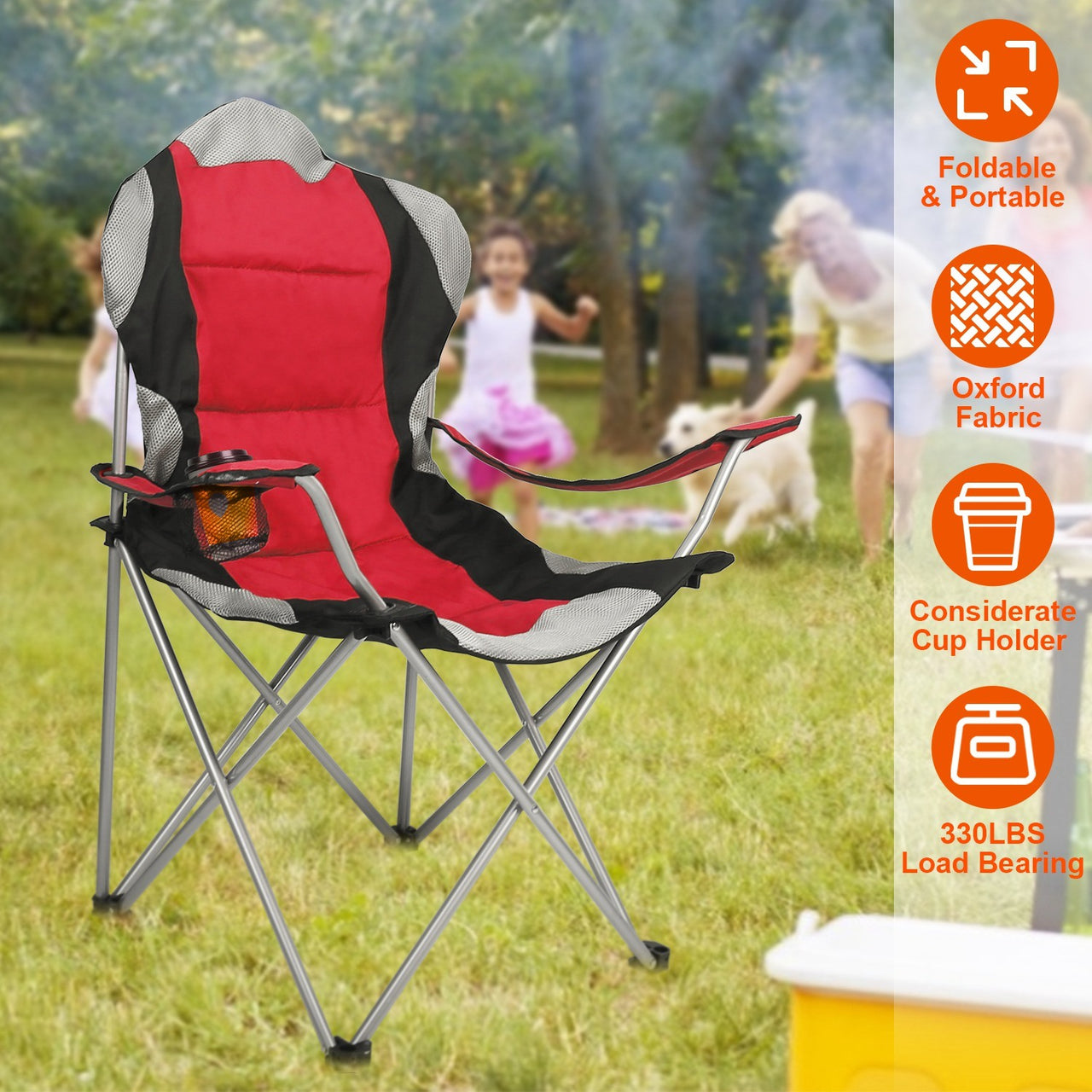 Foldable Camping Chair Heavy Duty Steel-Padded Seat,330LBS Max Load with Cup Holder and Carry Bag