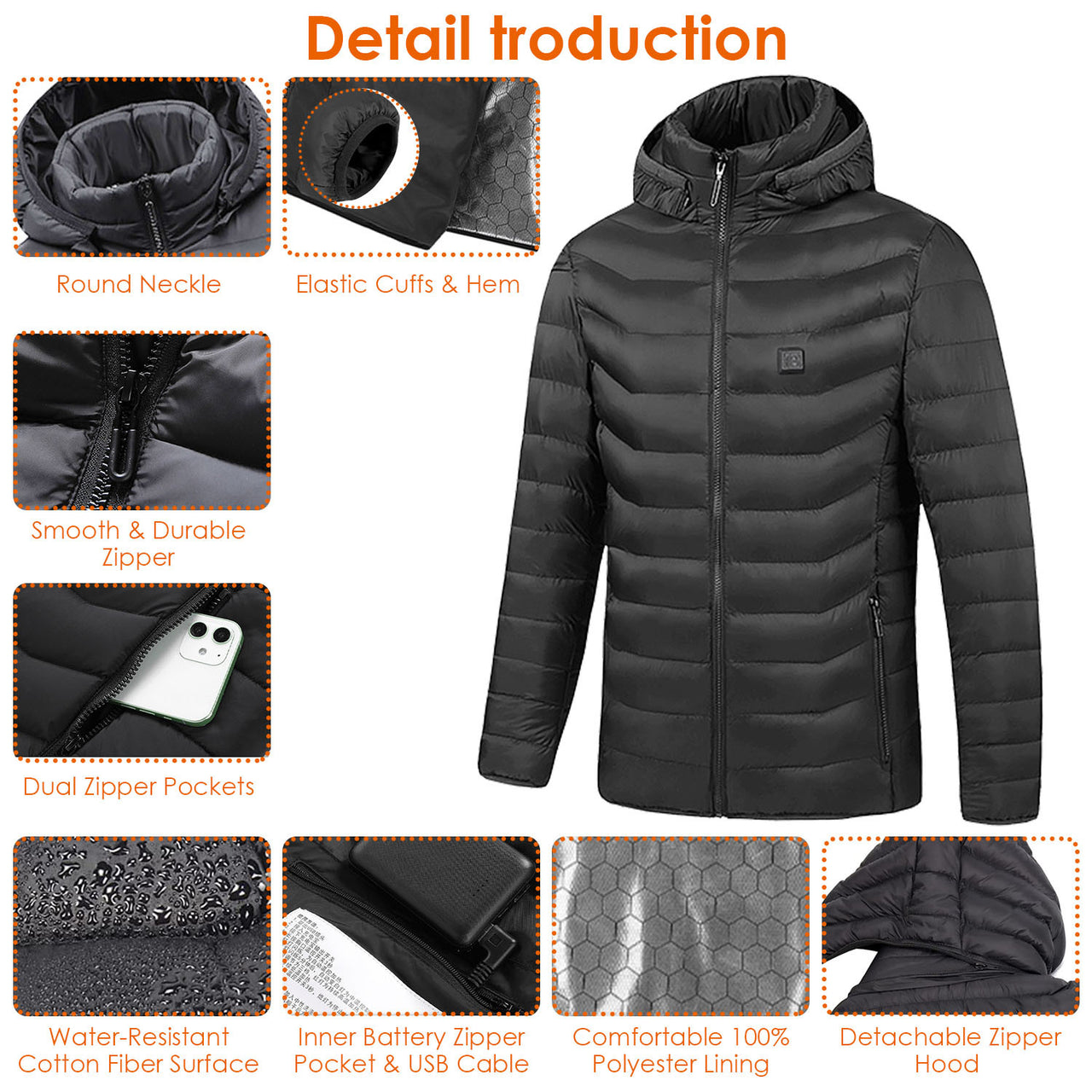 Heated Jacket -Lightweight Winter Hooded Jacket with 3-Level Heating Modes 8 Heating Zones Detachable Zipper Hood