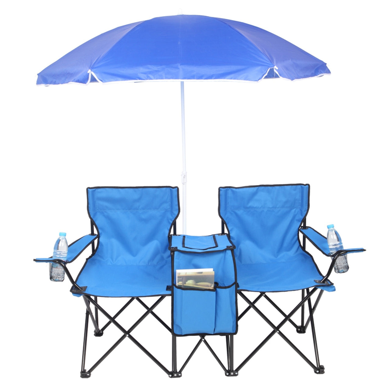 Double Folding Picnic Chairs w/Umbrella, Mini Table Beverage Holder, Carrying Bag