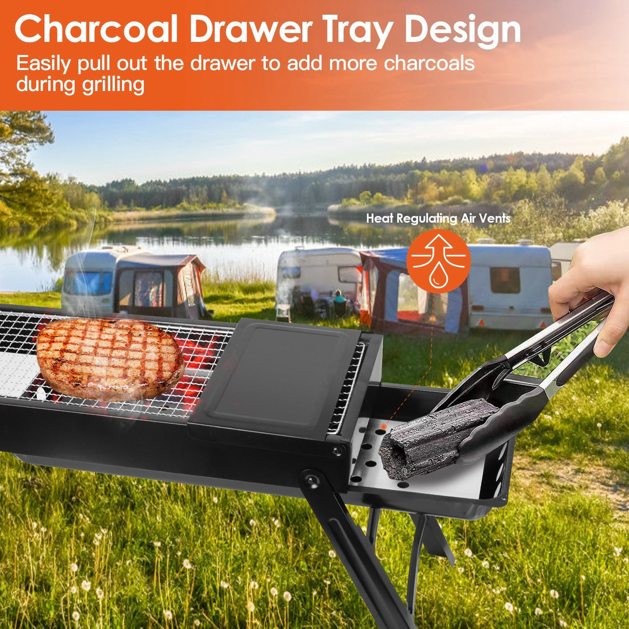 Foldable Charcoal BBQ Grill with Shelf Stainless Steel Grill