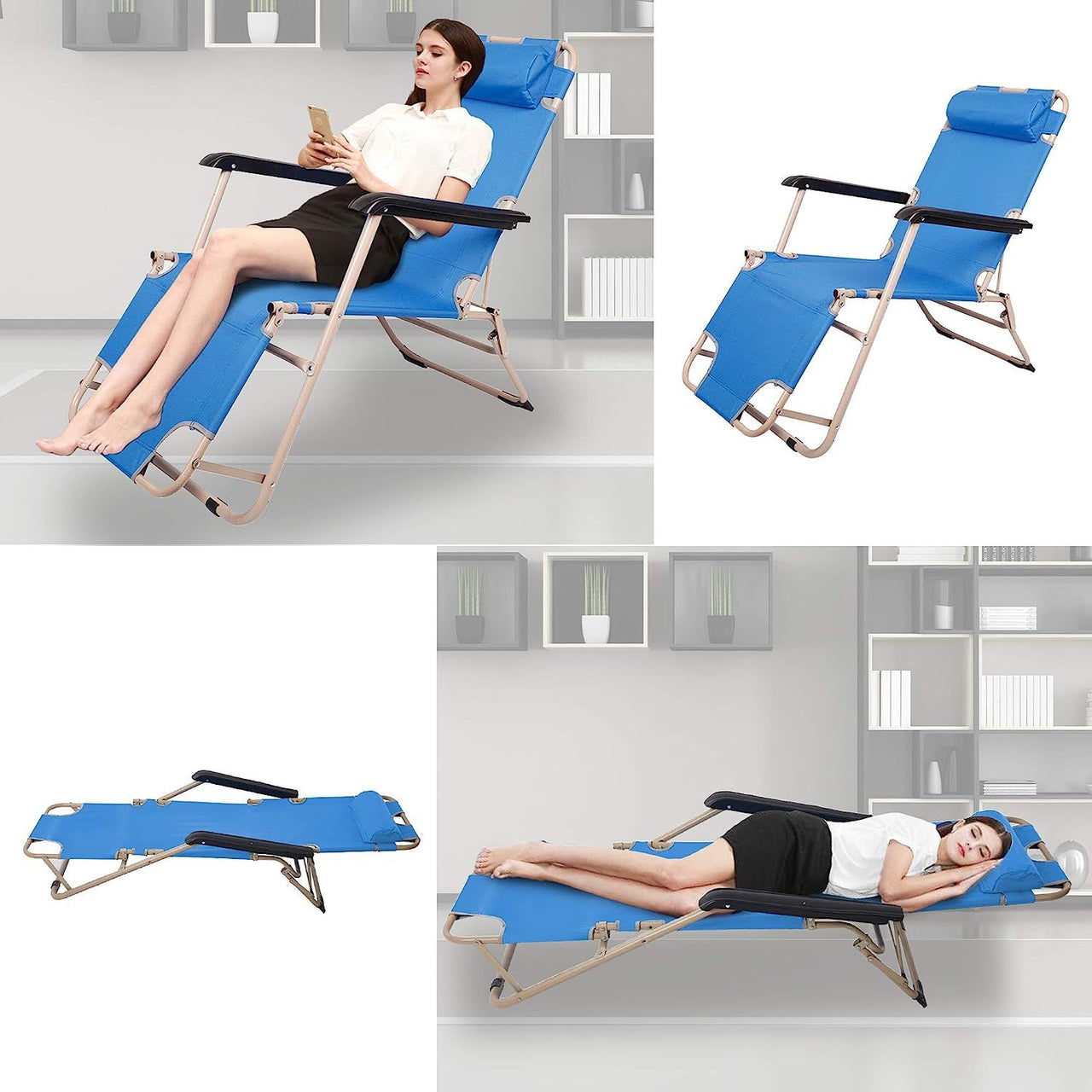 Set of 2 Portable Chaise Lounge Chair 60" Dark Blue/Blue