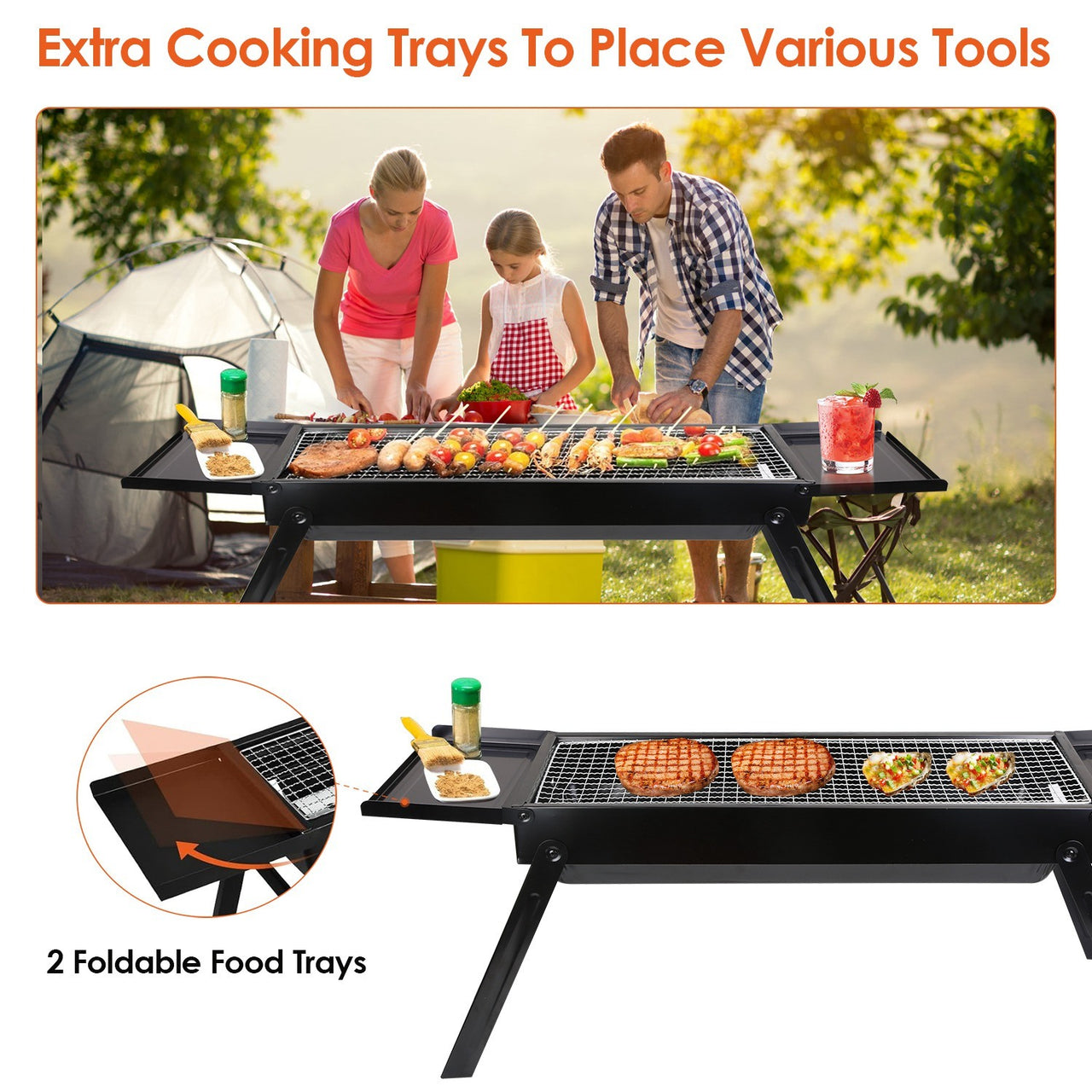 Foldable Charcoal BBQ Grill with Shelf Stainless Steel Grill