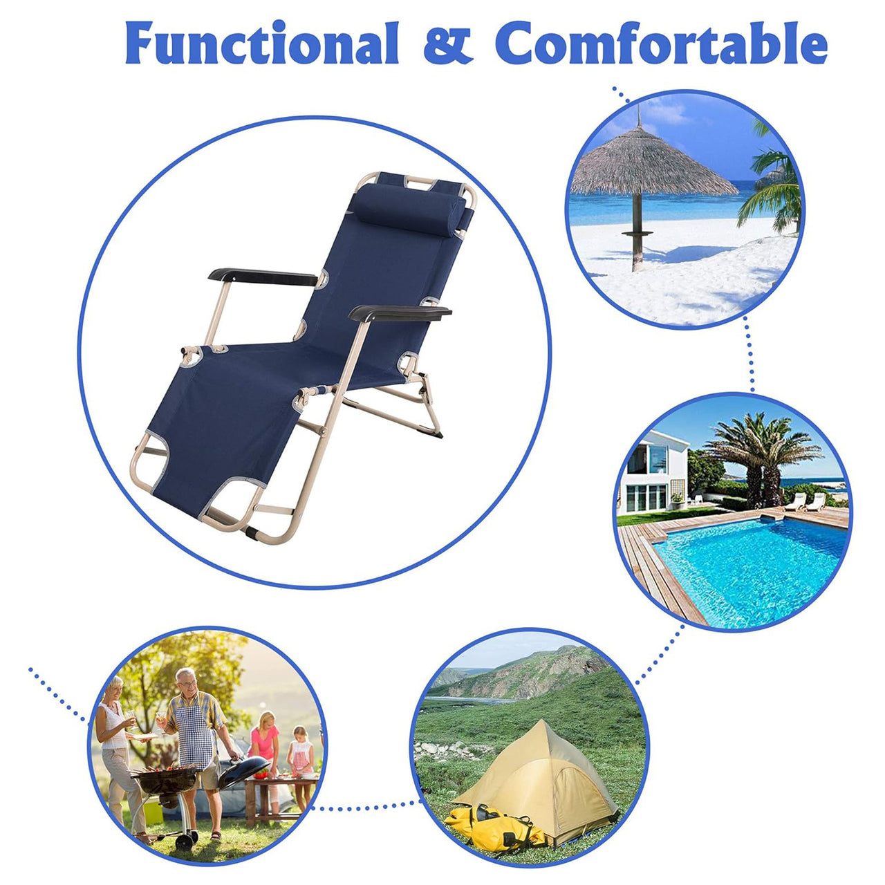 Set of 2 Portable Chaise Lounge Chair 60" Dark Blue/Blue