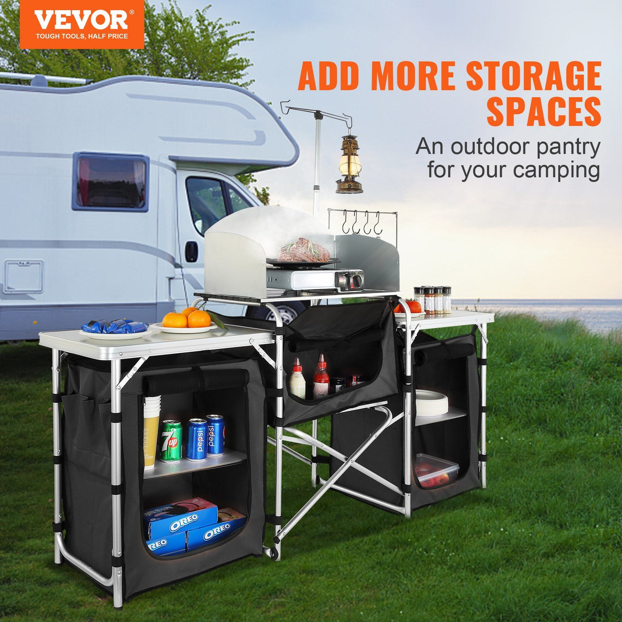 VEVOR Camping Kitchen Table with Storage Carrying Bag-Aluminum Cook Station-3 Cupboard, Detachable Windscreen -Black