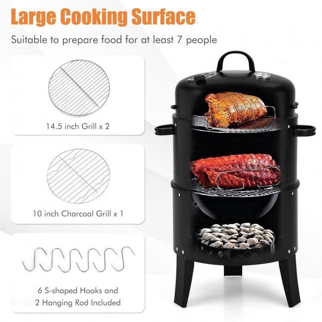 3-in-1 Charcoal BBQ Grill Combo with Built-in Thermometer