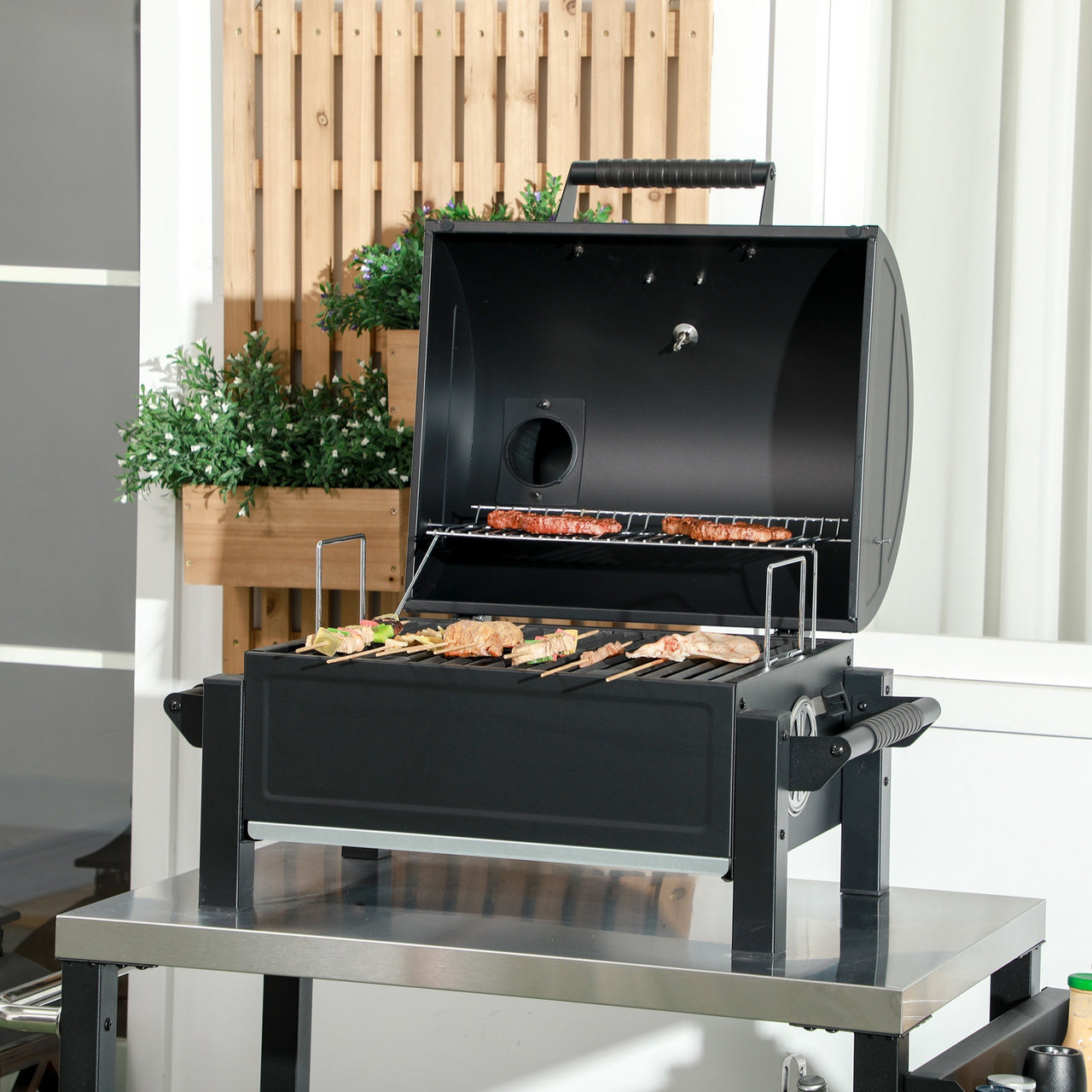 Outsunny Charcoal BBQ Grill with 235 sq.in. Cooking Area, Tabletop Outdoor Barbecue with Ash Catcher and Built-in Thermometer