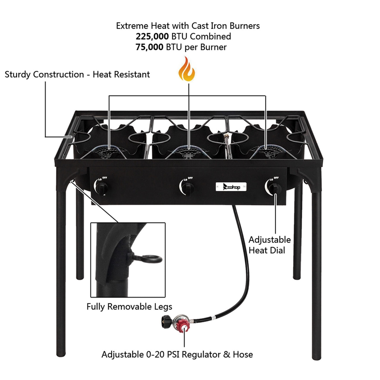 Camp Stove Propane Gas Cooker Portable Cast Iron (Three Burner 25000-BTU)