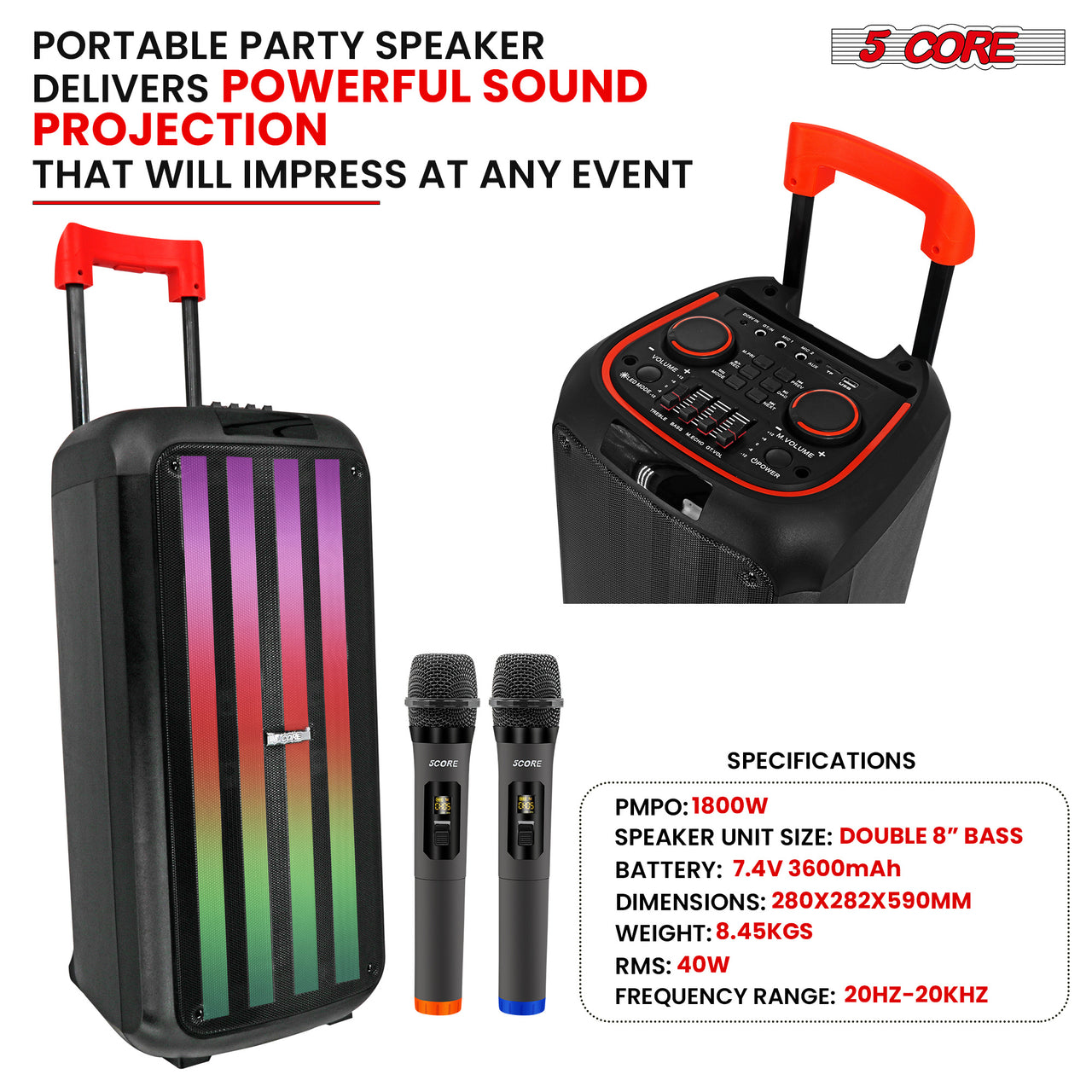 5 Core Bluetooth Speaker Karaoke Machine • 8" 3 Way Speaker • Portable Singing PA System • w DJ Light