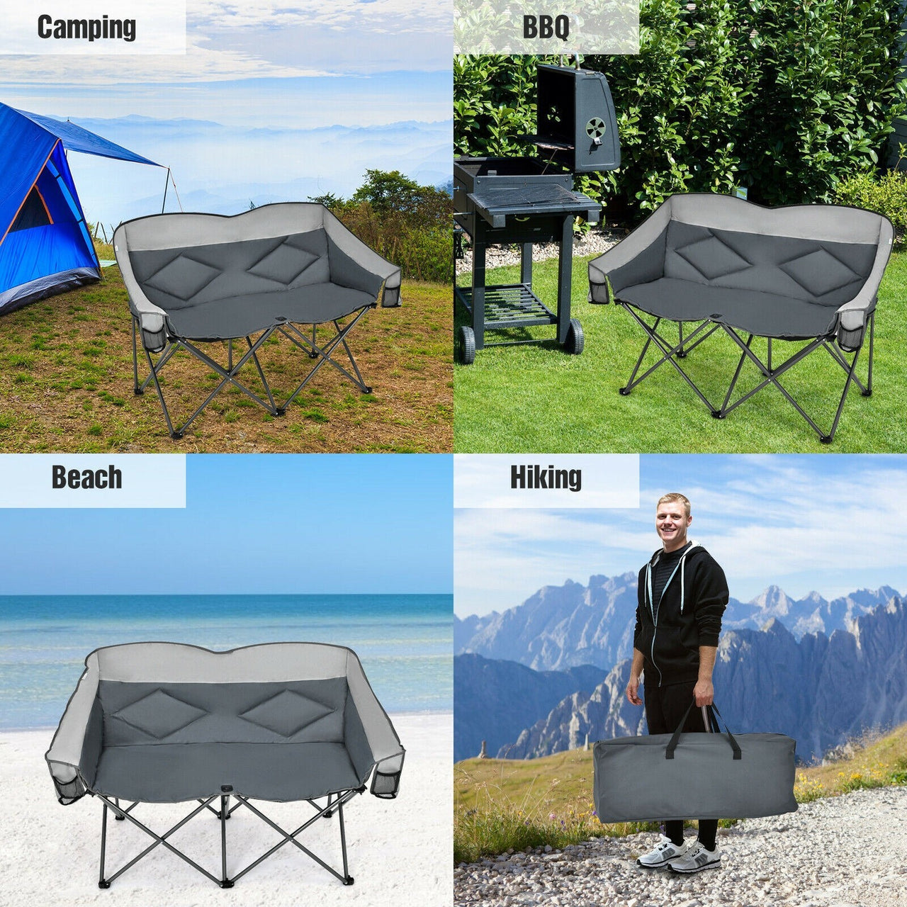 Folding Loveseat Camping Chair with Bags and Padded Backrest