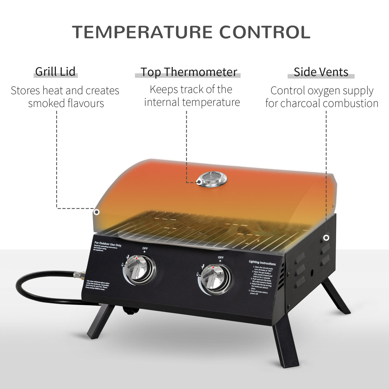 Outsunny 2 Burner Propane Gas Grill Outdoor Portable Tabletop BBQ with Foldable Legs, Lid, Thermometer