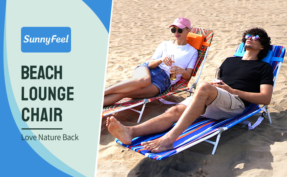 Beach Lounge Chair, 180-degree & Lay Flat, Portable With Padded Comfy Pillow