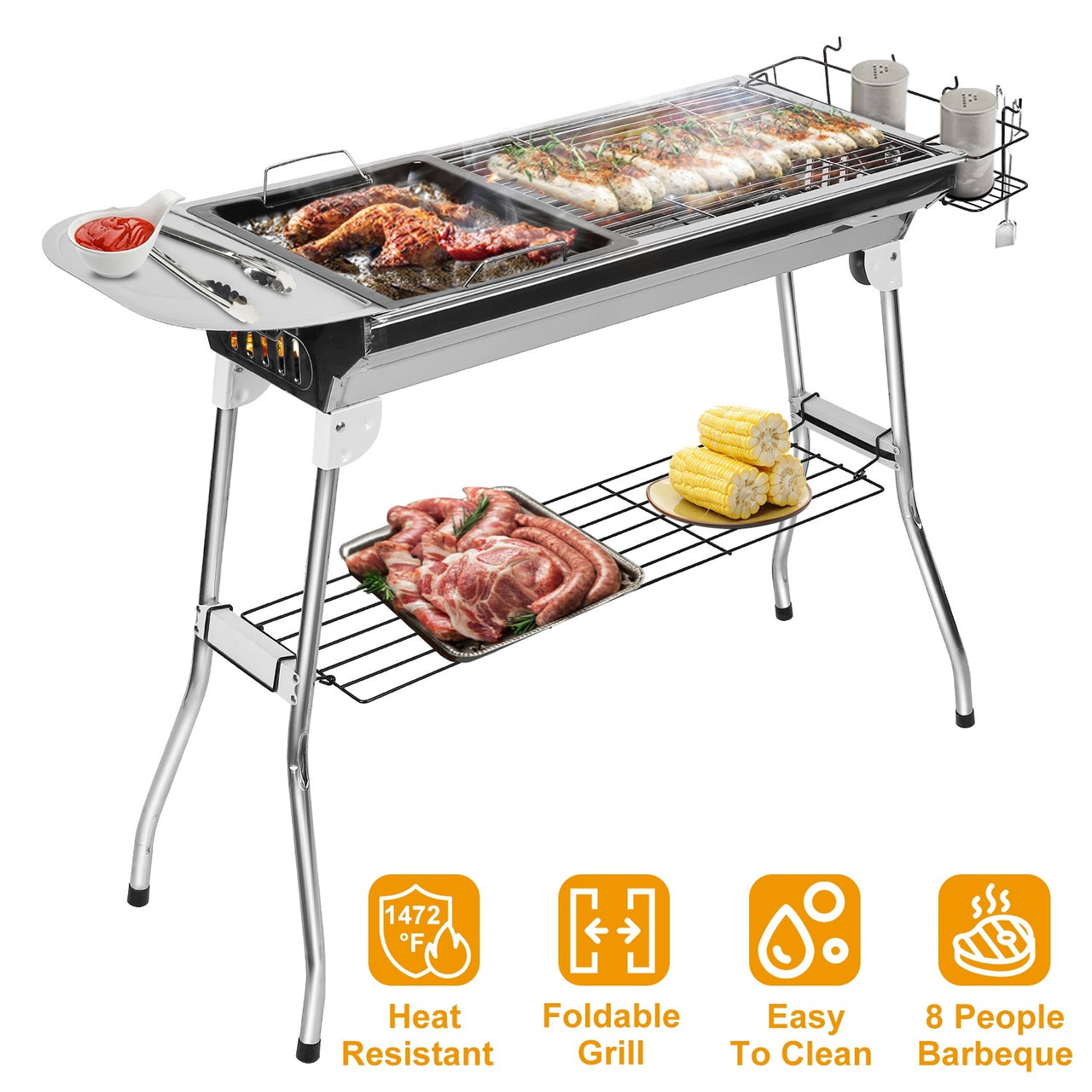 Foldable BBQ Grill Portable Charcoal Barbeque Grill Stainless Steel