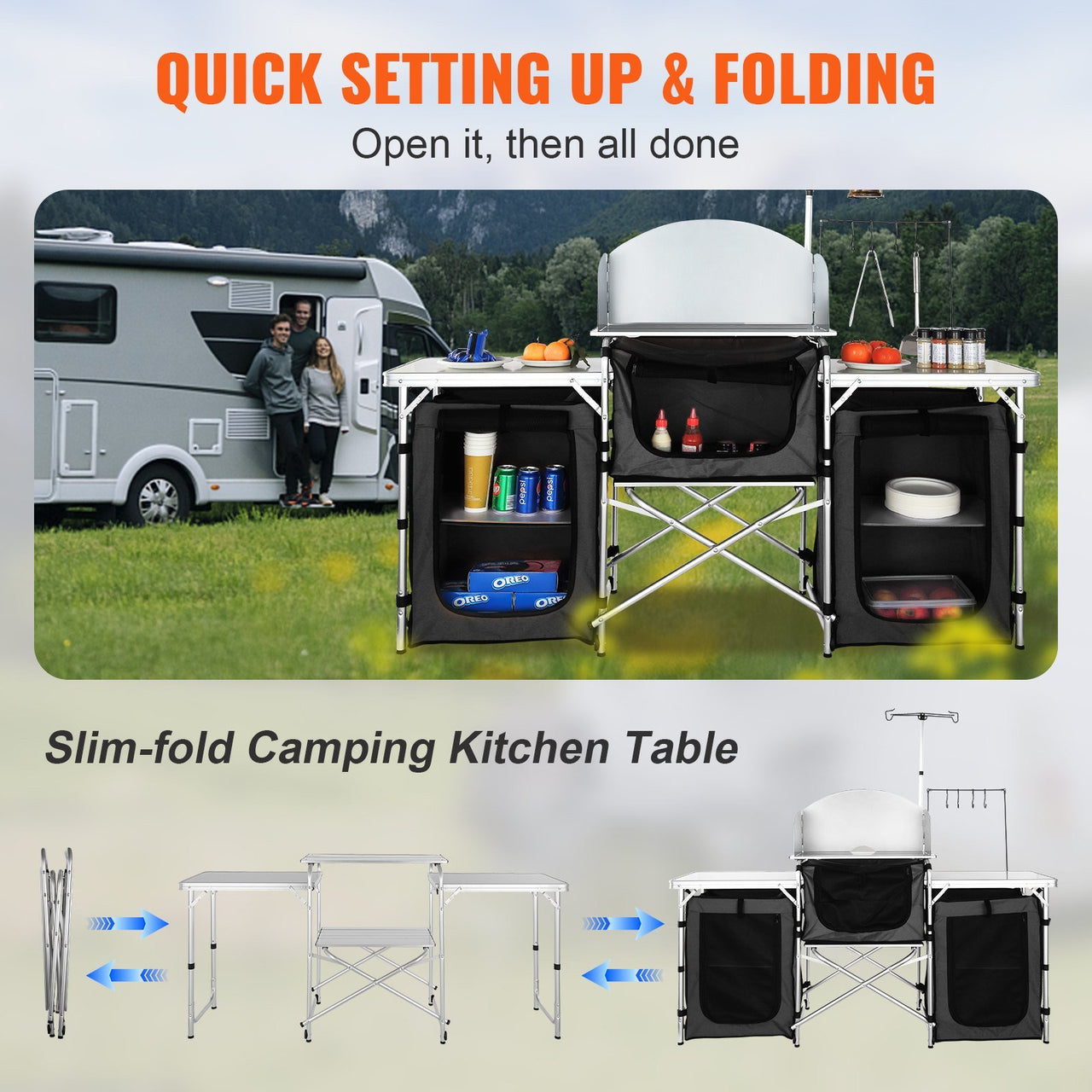 VEVOR Camping Kitchen Table with Storage Carrying Bag-Aluminum Cook Station-3 Cupboard, Detachable Windscreen -Black