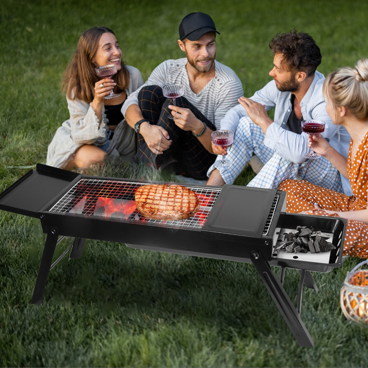 Foldable Charcoal BBQ Grill with Shelf Stainless Steel Grill